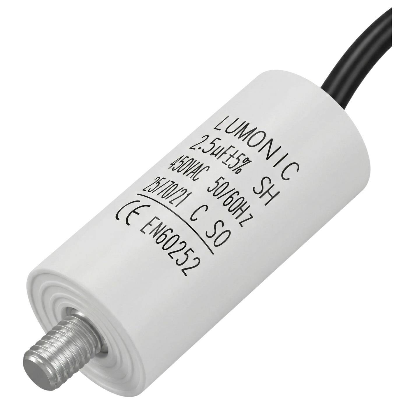 Lumonic Anlaufkondensator 2,5µF 450V | mit Kabel I 26x55mm I 2,5uF I Motorkondensator mit Kunststoffgehäuse I Betriebskondensator I für Pumpen, Rasenmäher, Werkzeuge