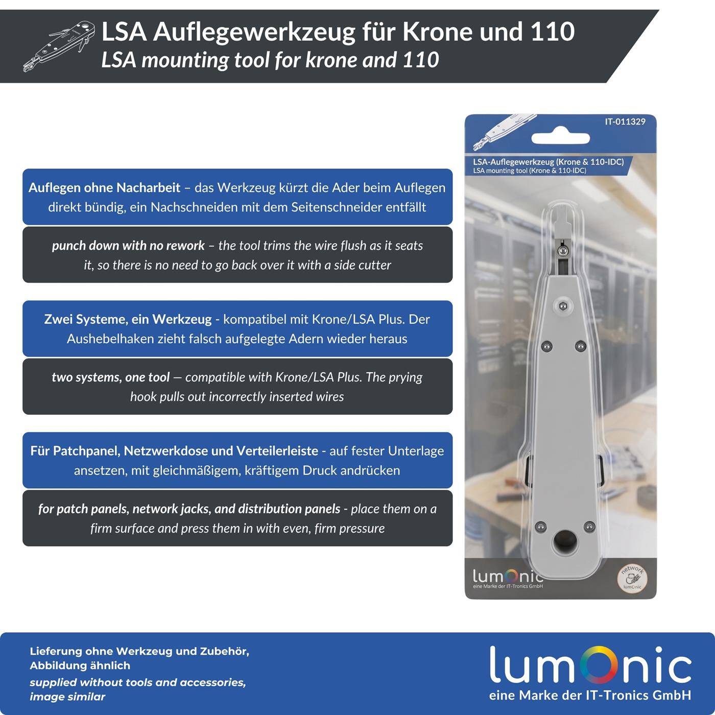 Lumonic LSA Auflegewerkzeug für Krone und 110 - kompatibel mit Krone/LSA Plus und 110, bündiges Abschneiden ohne Abisolieren, Aushebelhaken, für Patchpanel und Netzwerkdose