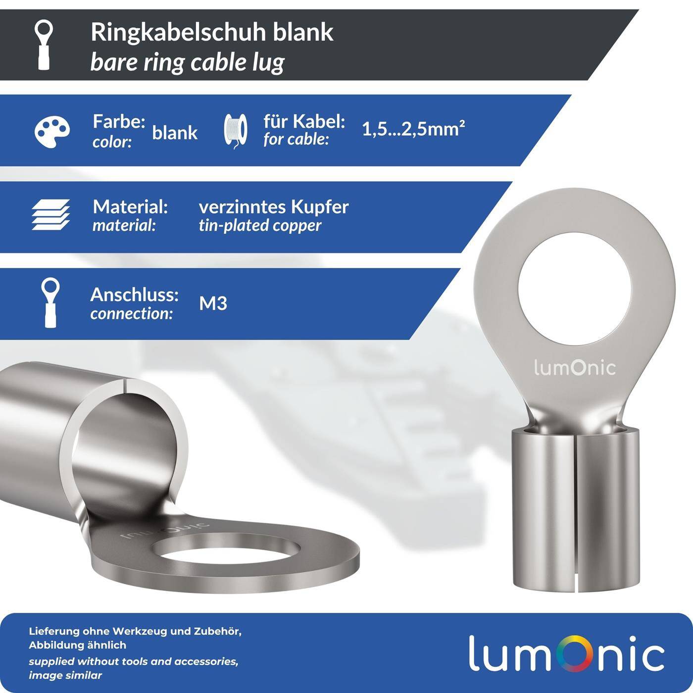 Lumonic 25x Ring cable lug 1,5-2,5mm² blank | M3 | Tinned copper | Secure cable connection without soldering | Crimp cable lug uninsulated | Motor vehicle, mechanical engineering, motorhome, battery