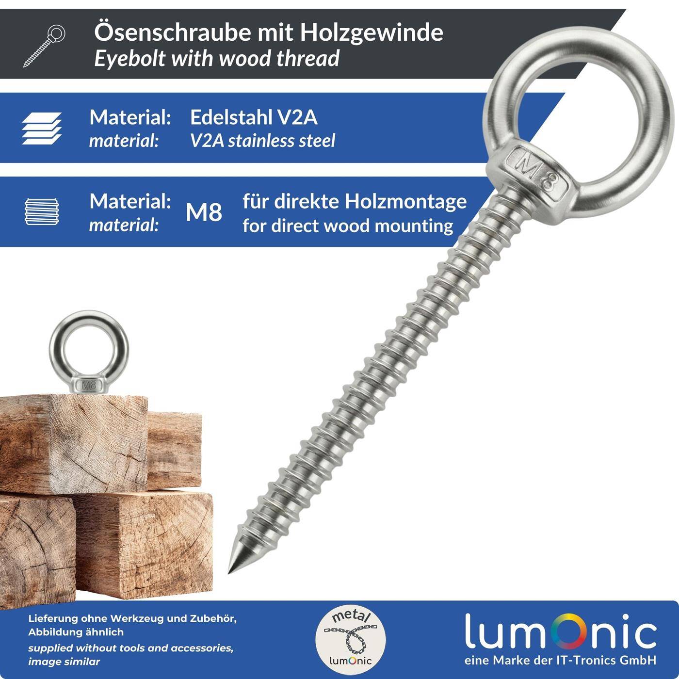 Lumonic Eye bolt V2A stainless steel with wood thread | M8x80mm |  | Attachment to beams/wooden posts | Eyebolt for awning, hammock, swing + chains
