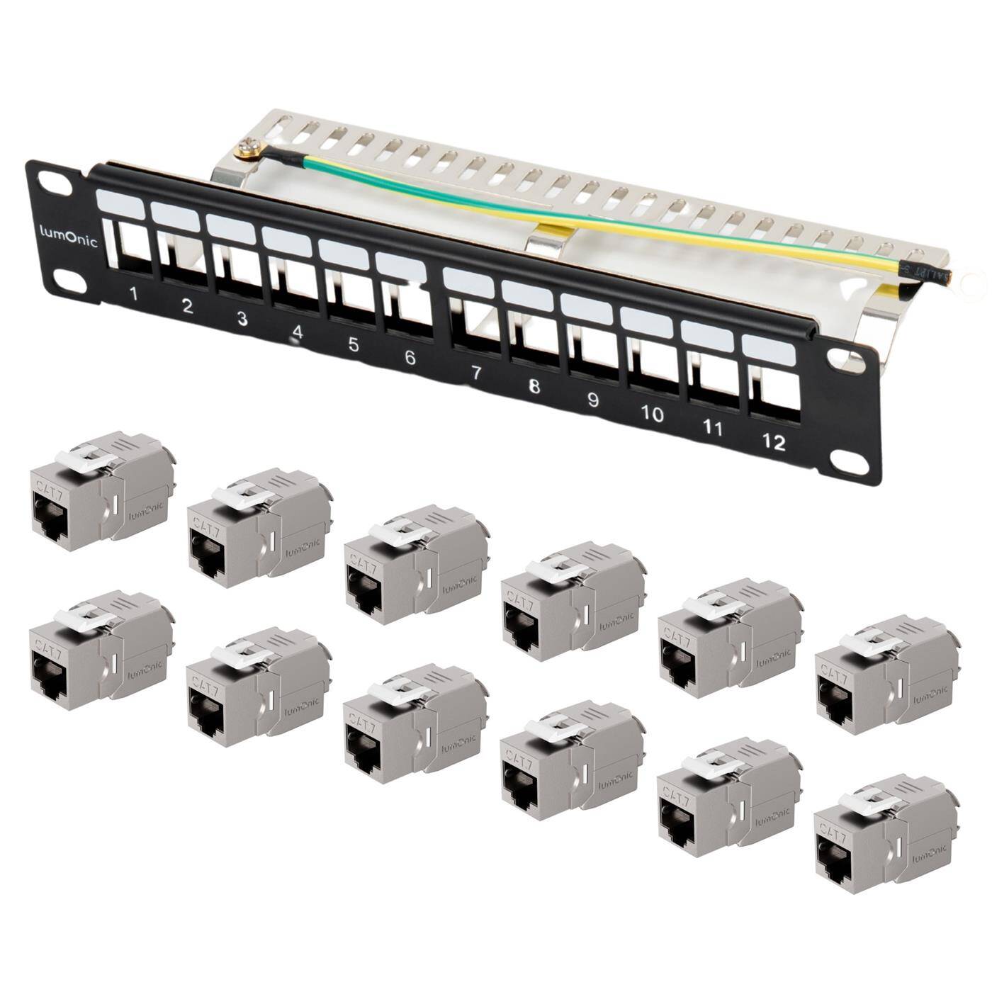 Lumonic 10" Patchpanel CAT7 Keystone-Set | 12 Port, 1HE mit Beschriftungsfeld | inkl. 12x CAT7 Module werkzeugfrei, 10 Gbit/s | Rackmontage | schwarzes Patchfeld | Kabelmanagement | PoE