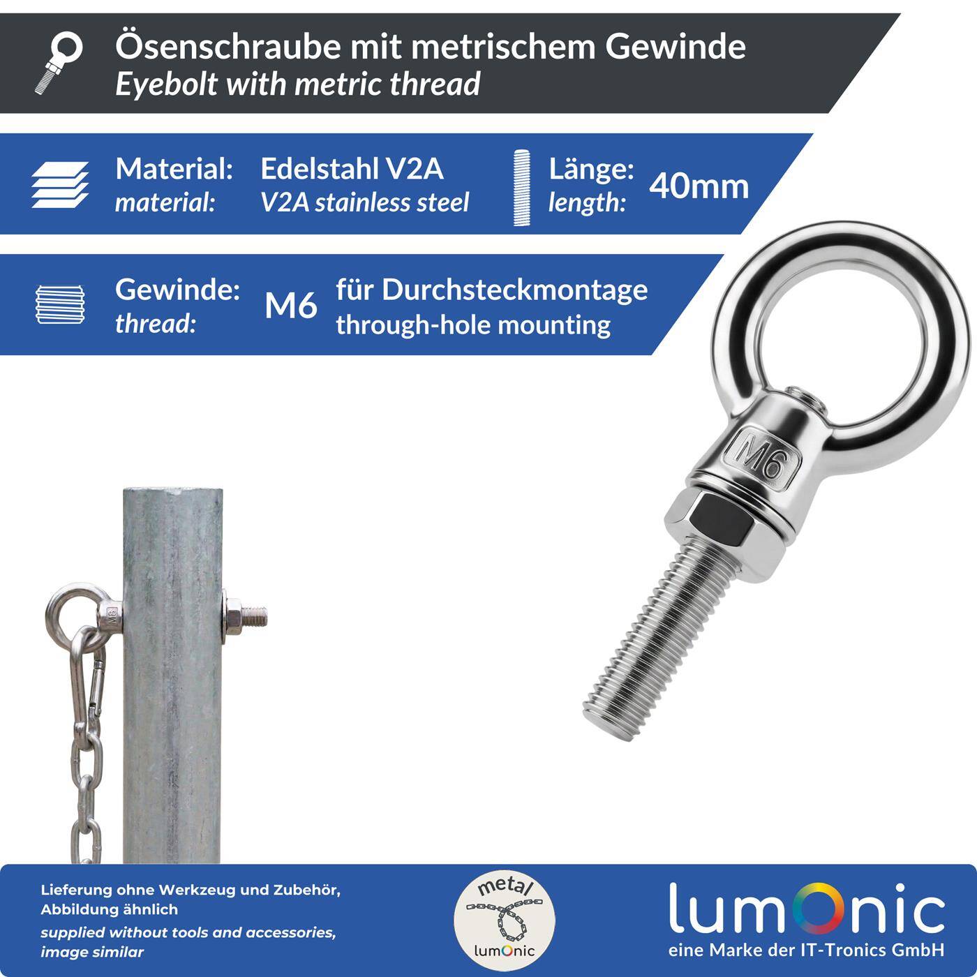 Lumonic Eye bolt V2A stainless steel incl. nut + washer | M6x40mm |  | Push-through mounting | Eyebolt for awning, hammock, swing + chains