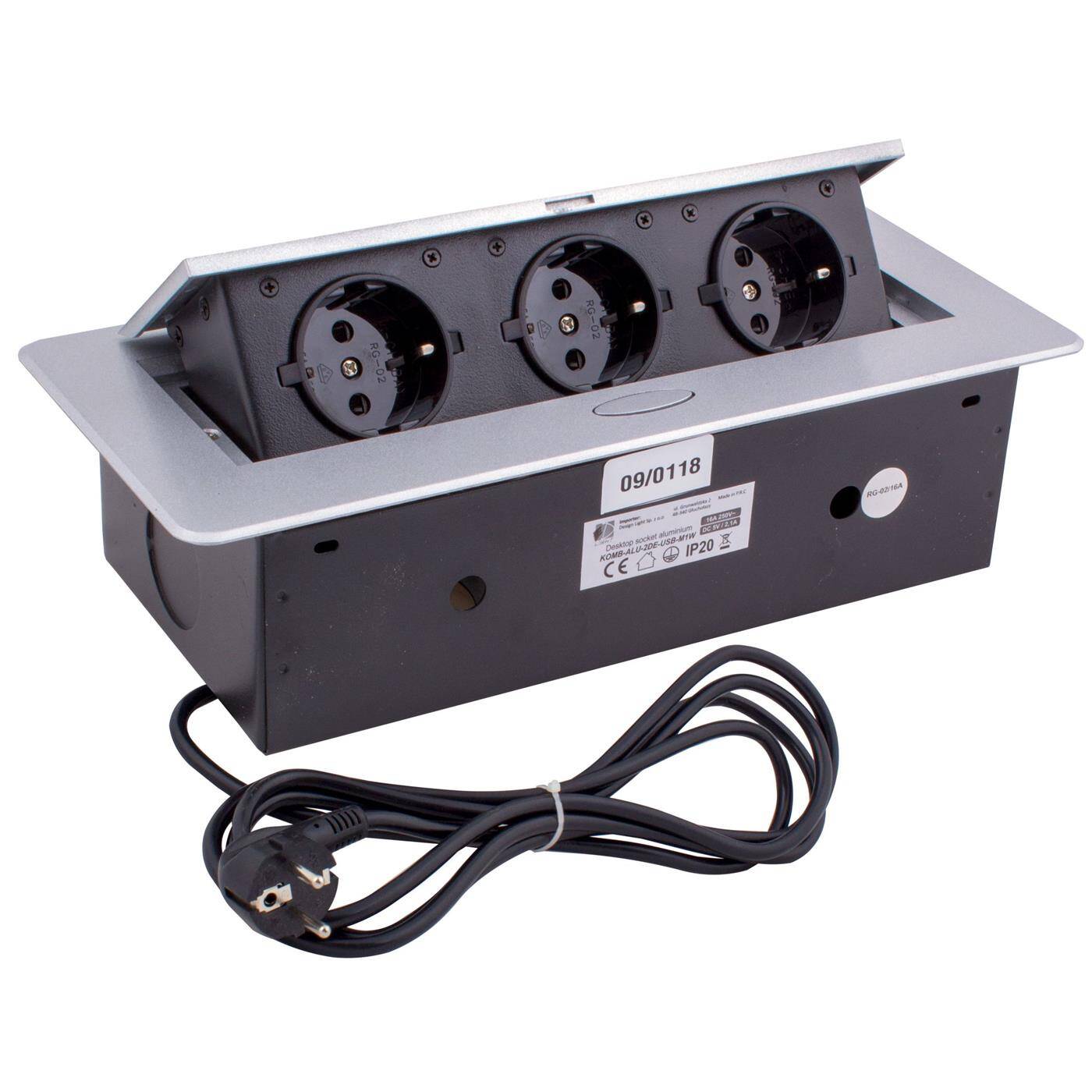 Lumonic KombiBox 3x Schuko Steckdose Tischsteckdose Aluminium I 3 Steckdosen mit 230V im Tower max. 3600W I Mit Bohrloch-Größe 230x116mm Ideal für den Einbau