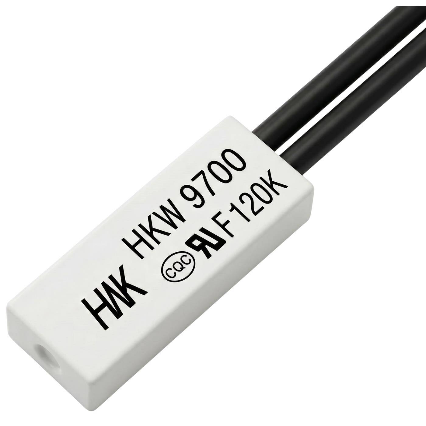 Lumonic HKW9700 Temperaturschalter flach | 120°C ± 5°C | Schließer NO | max. AC 250V/5A | max. DC 24V/8A | Kabel 70mm | 21x8x4mm | Thermoschalter, Bimetall, KSD9700 | Motoren, Setzteile, Heizlüfter