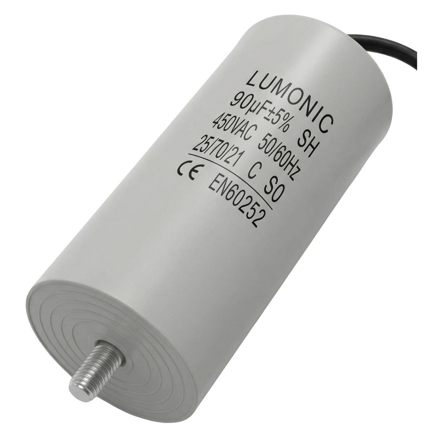 Lumonic Starting capacitor 90µF 450V | with Cable I 55x120mm I 90uF I Motor capacitor with plastic housing I Operating capacitor I for pumps, lawn mowers, tools