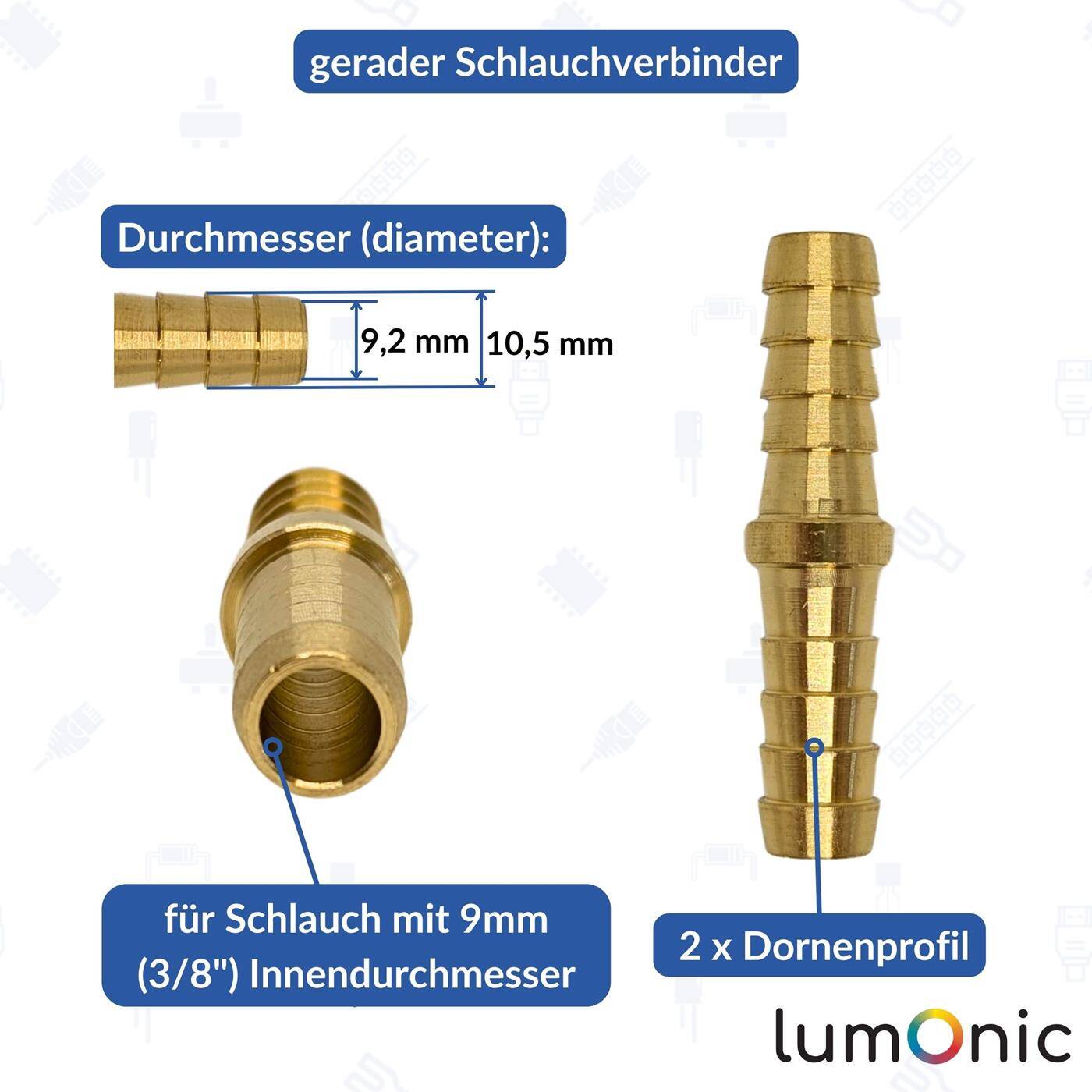 gerader Schlauchverbinder für 9mm (3/8") Schlauch aus Messing I-Verbinder I-Stück mit Dornenprofil Druckluft & Wasser für Werkstätten, Betriebe und Heimwerker