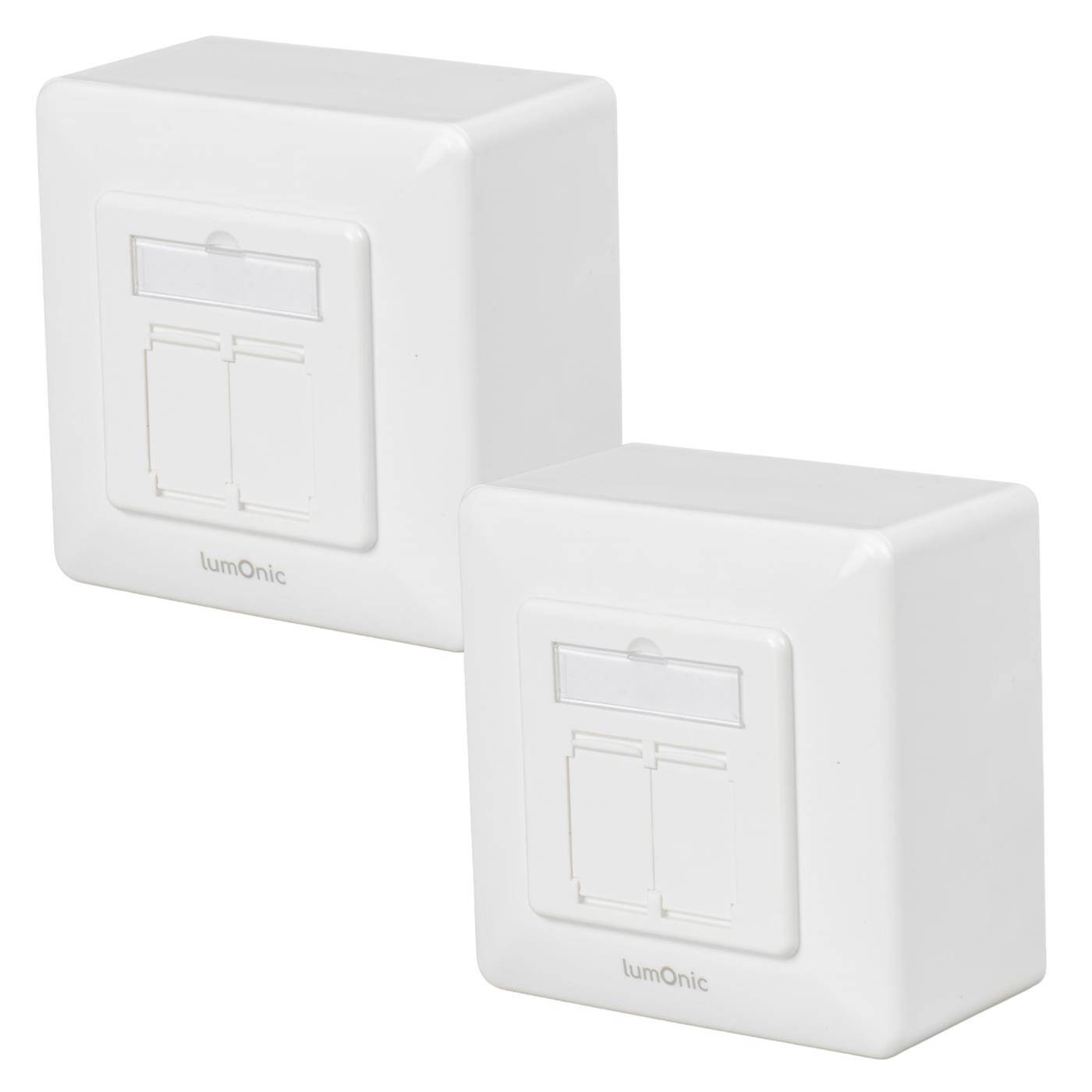Lumonic 2er Set Netzwerkdose Aufputz CAT7 | 2-Port RJ45 | ohne Stemmen nachrüsten | LSA-Montage, T568A/B farbcodiert | ABS Gehäuse, weiß | Ethernet-Dose bis zu 10 Gbit/s