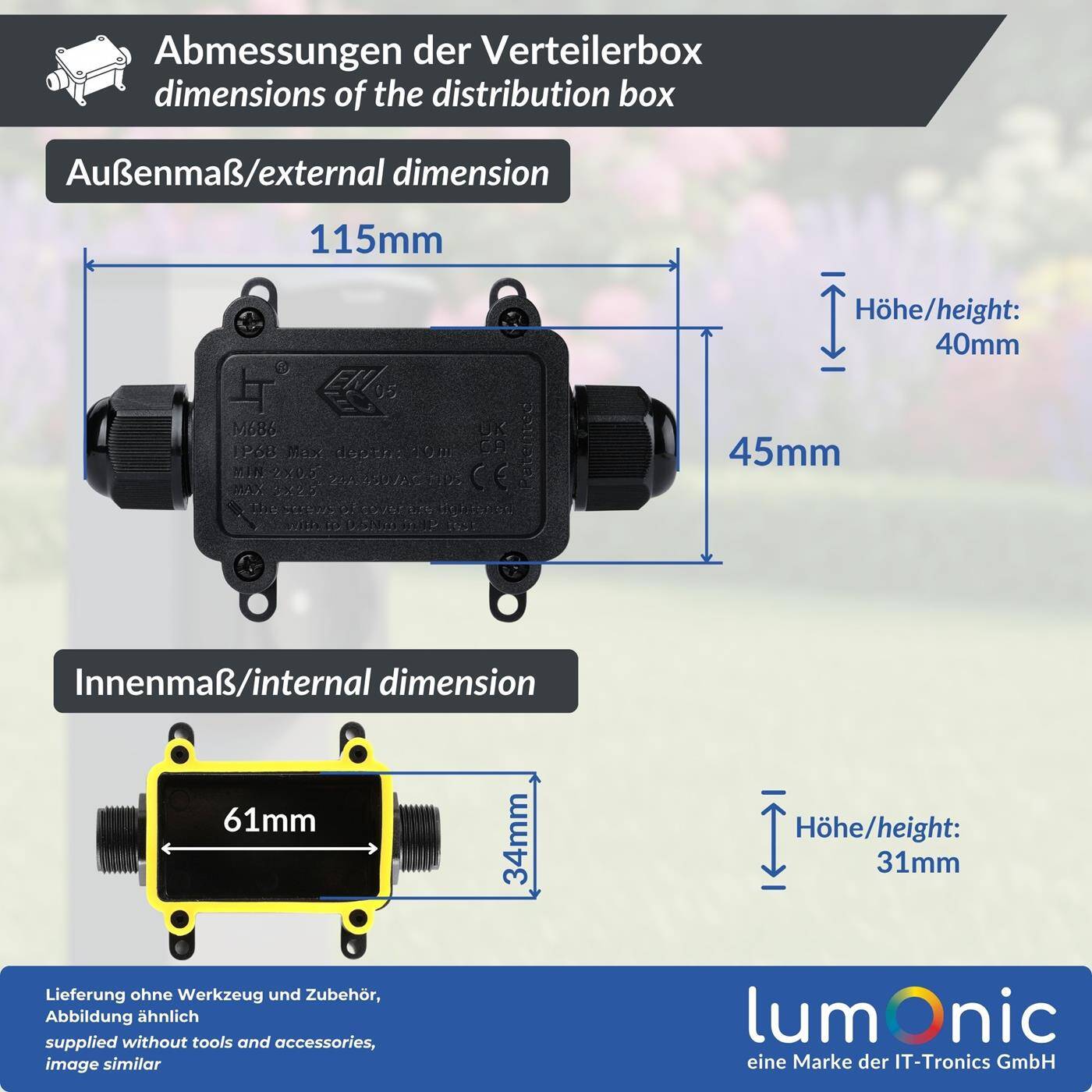 Lumonic 2-Wege Abzweigdose wasserdicht IP68 | schnelle, sichere Kabelverteilung | für Kabel 0,5-2,5mm² | UV-Beständig, -40°C bis+ 105°C | Verteilerdose für Outdoor, Garten, Erdkabel
