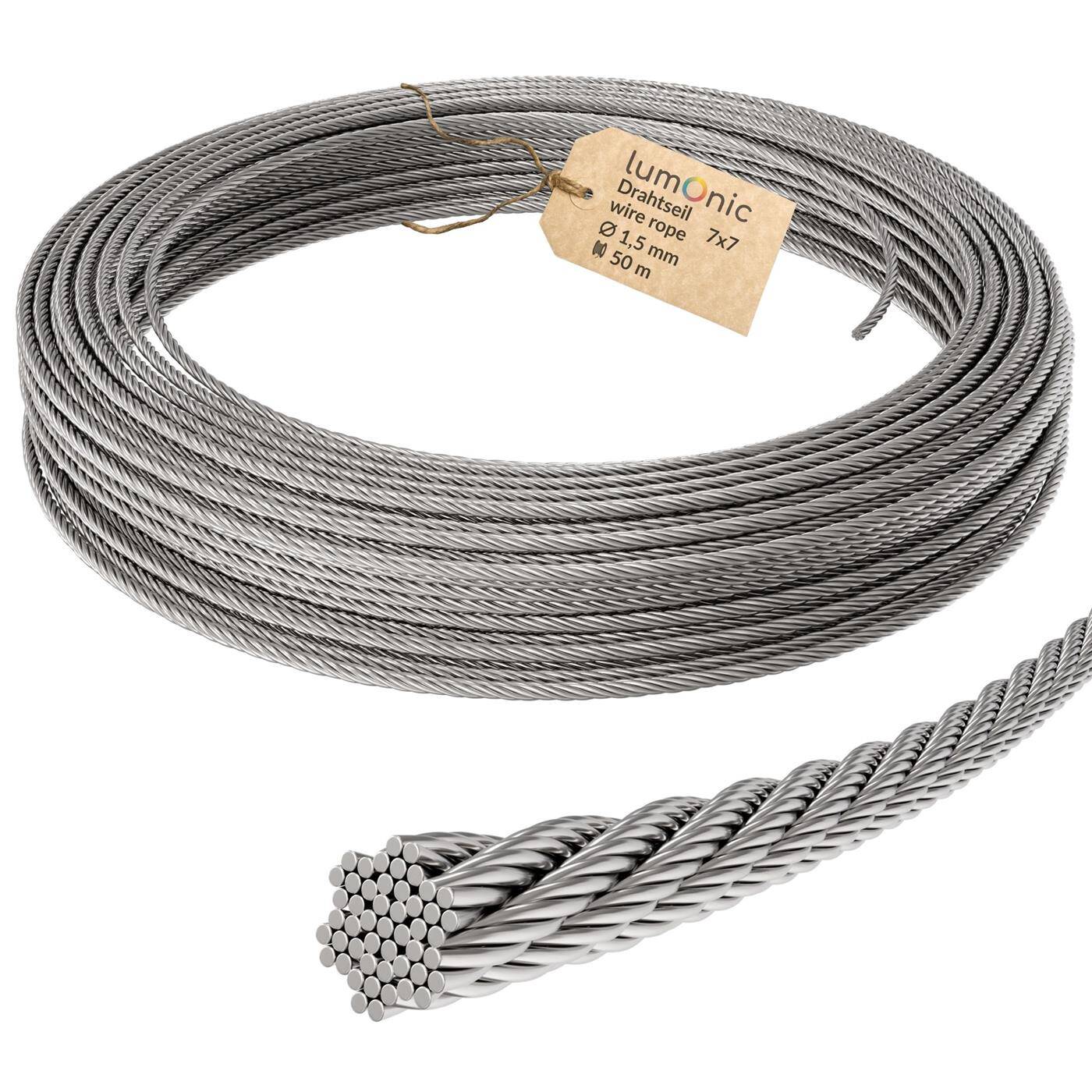 Lumonic Wire rope 7x7 | 50m Ø1,5mm | V4A Stainless steel | Steel cable with tinned ends | for climbing support, clothesline, lamps, privacy screen, awning