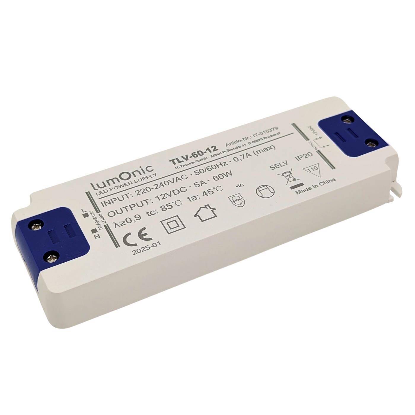 Lumonic I LED transformer TLV-60-12 I 12V 60W I Input 220-240VAC I flicker-free I Overload protection I LED power supply unit I for LED lighting