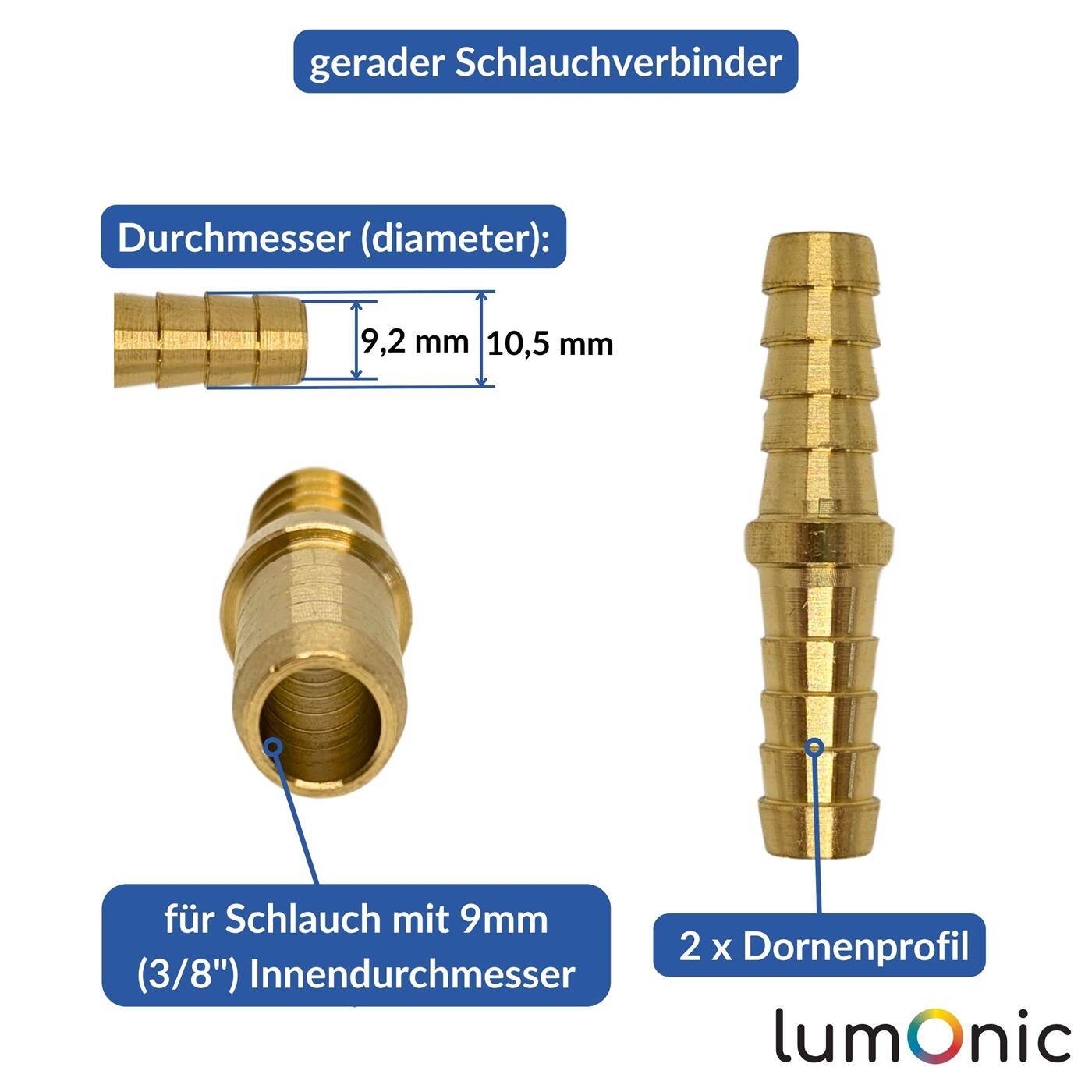 Lumonic I Straight hose connector I for 9mm (3/8") hose I made of brass I I-connector I I-piece I with spike profile I Compressed air I for workshops, businesses and DIY enthusiasts