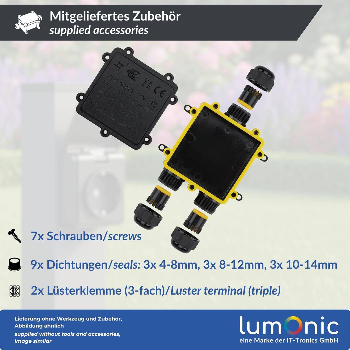 Lumonic 3-way Y junction box watertight IP68 | Fast, secure cable distribution | for cables 0.5-2.5mm² | UV-resistant, -40°C to+ 105°C | Junction box for outdoor, garden, underground cable