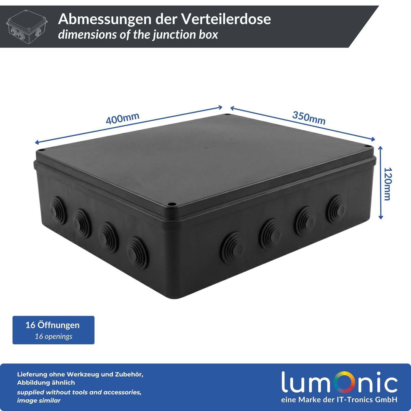 Lumonic Surface-mounted junction box IP65 black | extra large, 400x350x120mm, 16 cable entries | Screwed lid | High-quality PVC | Large interior space for top-hat rails, terminal blocks and actuators