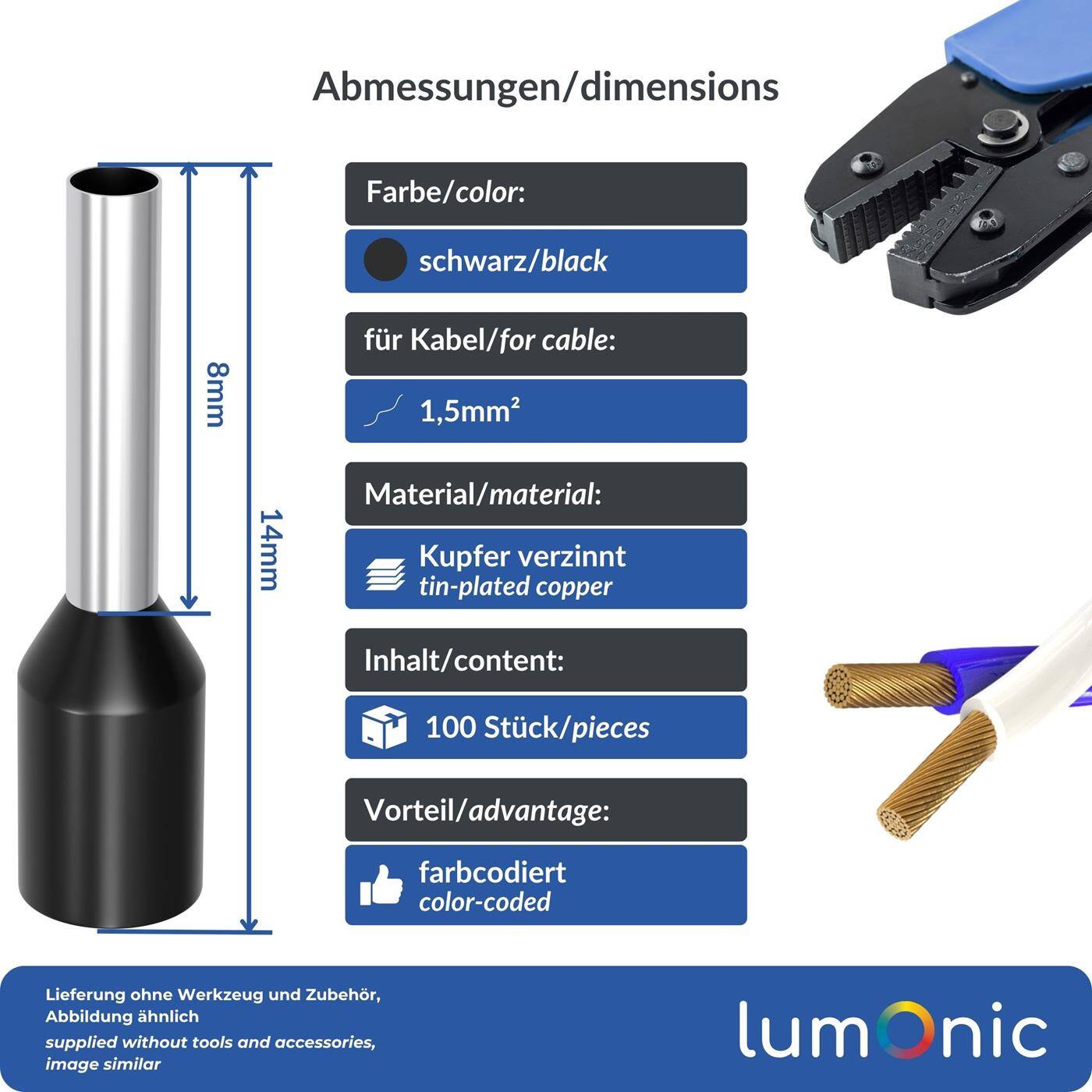 100x Aderendhülse isoliert 1,5mm² Schwarz Kupfer verzinnt 1,7x8mm Hülse