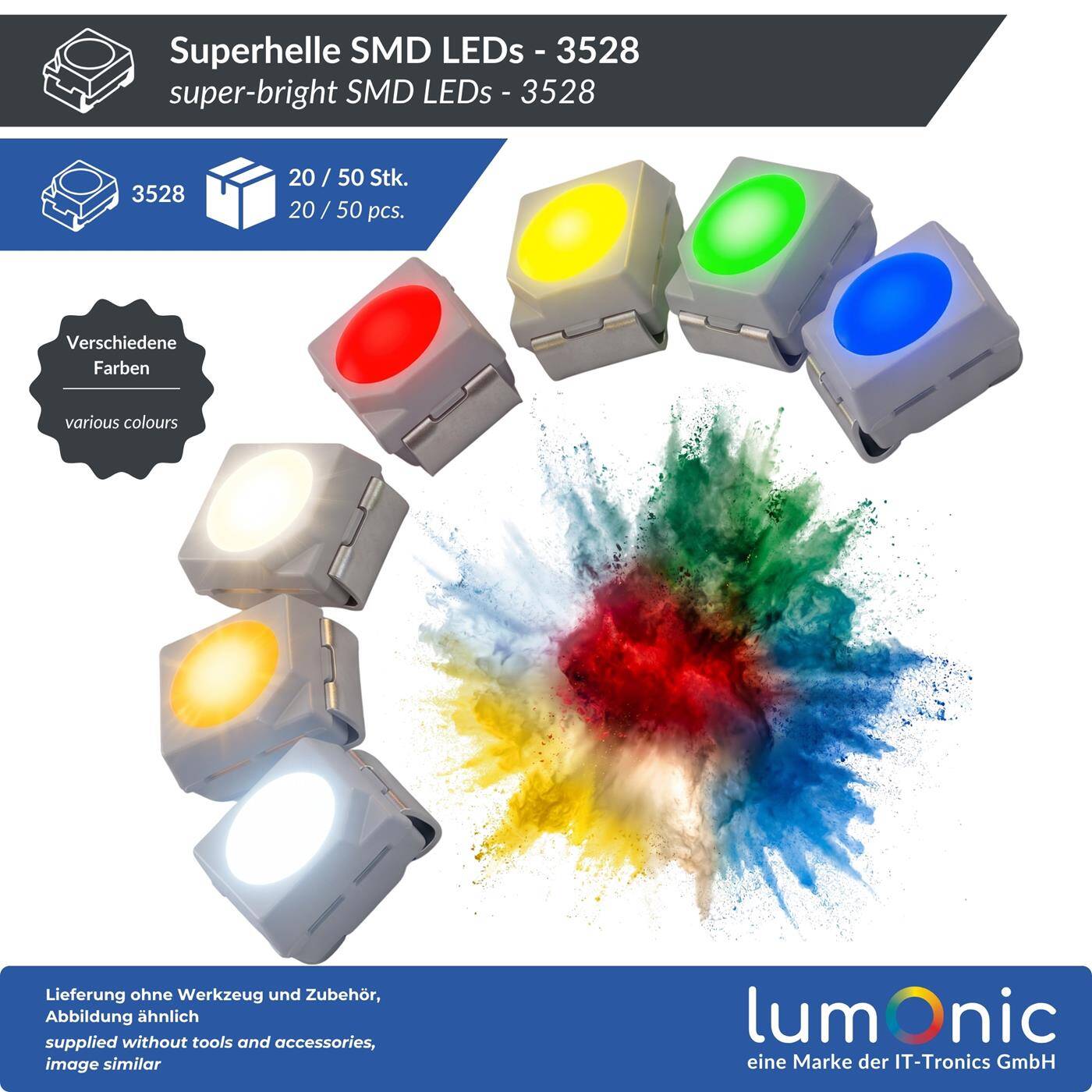 Lumonic 50x Superhelle LEDs vom Typ SMD 3528 PLCC2 - High Power LEDs zum selber Löten DIY in Farbe Kalt-Weiß 6000K - Maße: 3,5x2,8mm