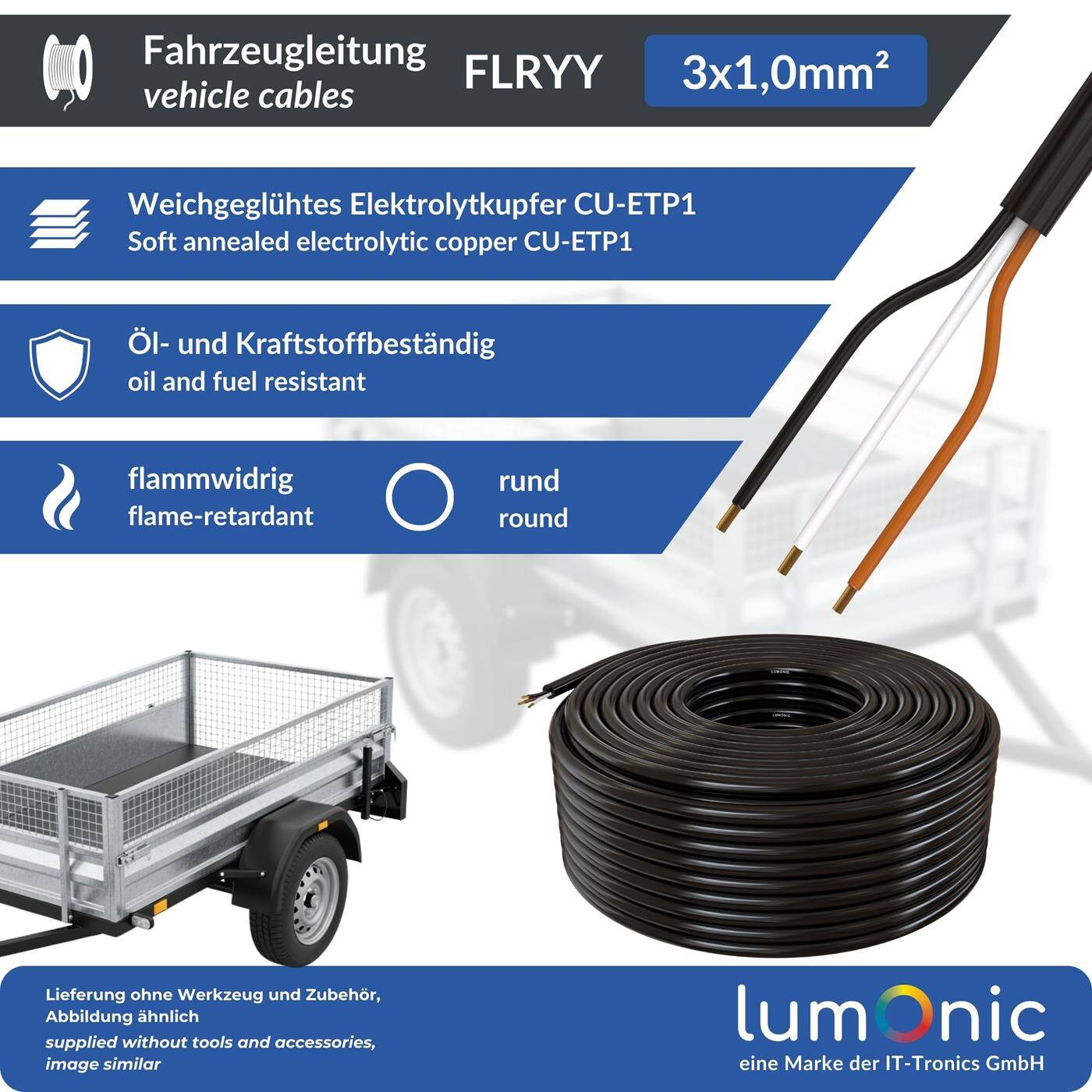 Lumonic 1m FLRYY Vehicle cable 3x1mm² black | 3-wire | Trailer cable | Multi-core automotive cable | Oil and fuel-resistant, flame-retardant | Low voltage
