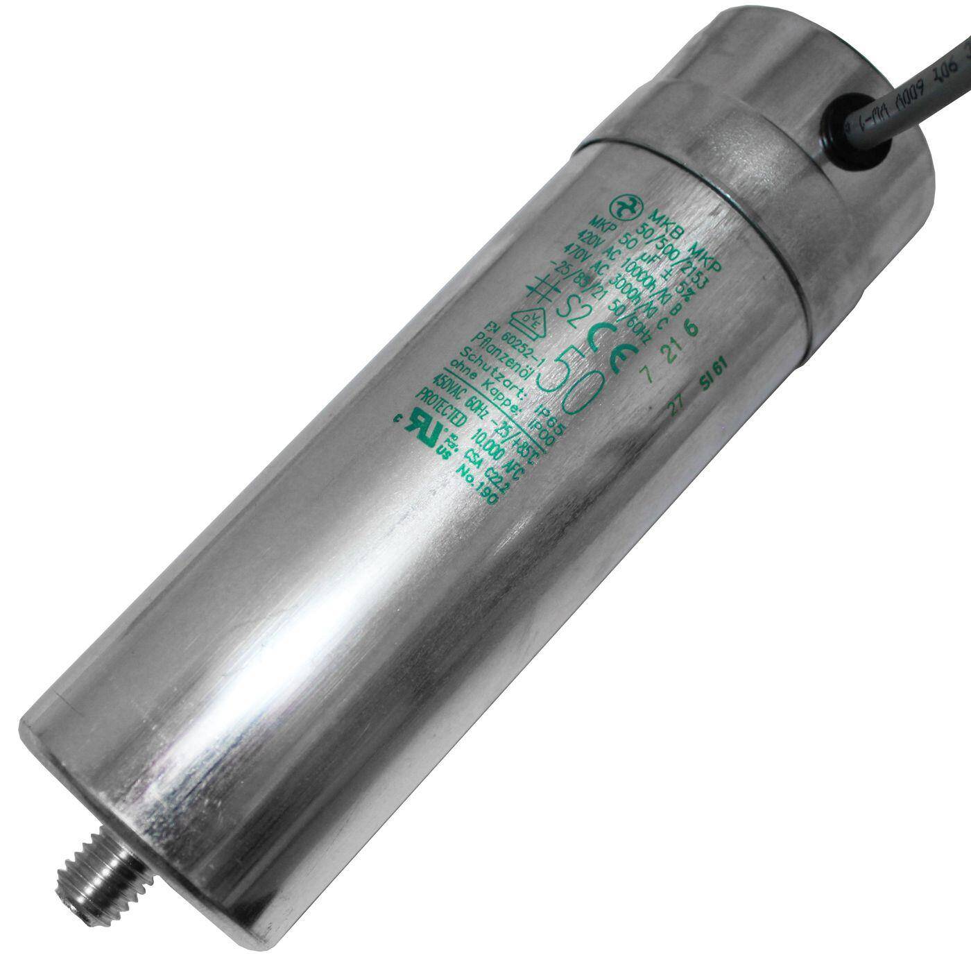 Lumonic Anlaufkondensator Hydra MKP-500 50-C inkl. Kabel 50cm | Motorkondensator 50µF 420V 50x165mm I Kondensator mit hochwertigem Metallgehäuse