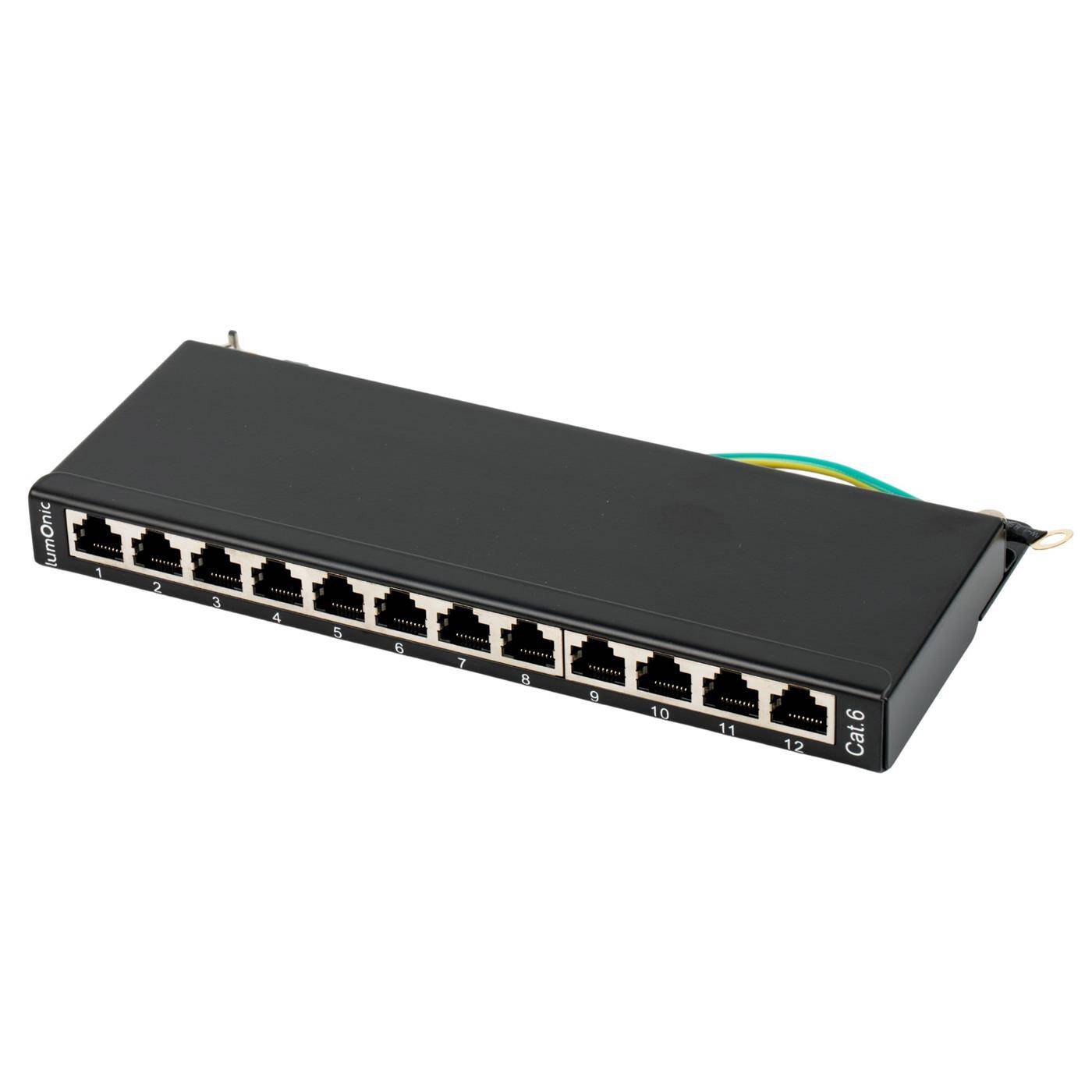 10" Patchpanel Desktop CAT6, 12 Port, kompakte 0,5HE, LSA-Montage, T568A/B farbcodiert, freistehend, Wandmontage, geschirmtes schwarzes Patchfeld, Kabelmanagement, 1 Gbit/s + PoE