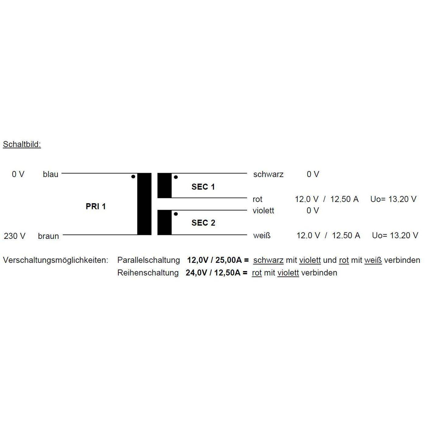 Lumonic Ringkerntrafo Transformator 300VA 2x12V für Audio, Industrie, Halogen und Schienensysteme - 230V Eingangsspannung - 24V Sekundärspannung - Modell RSO-826050