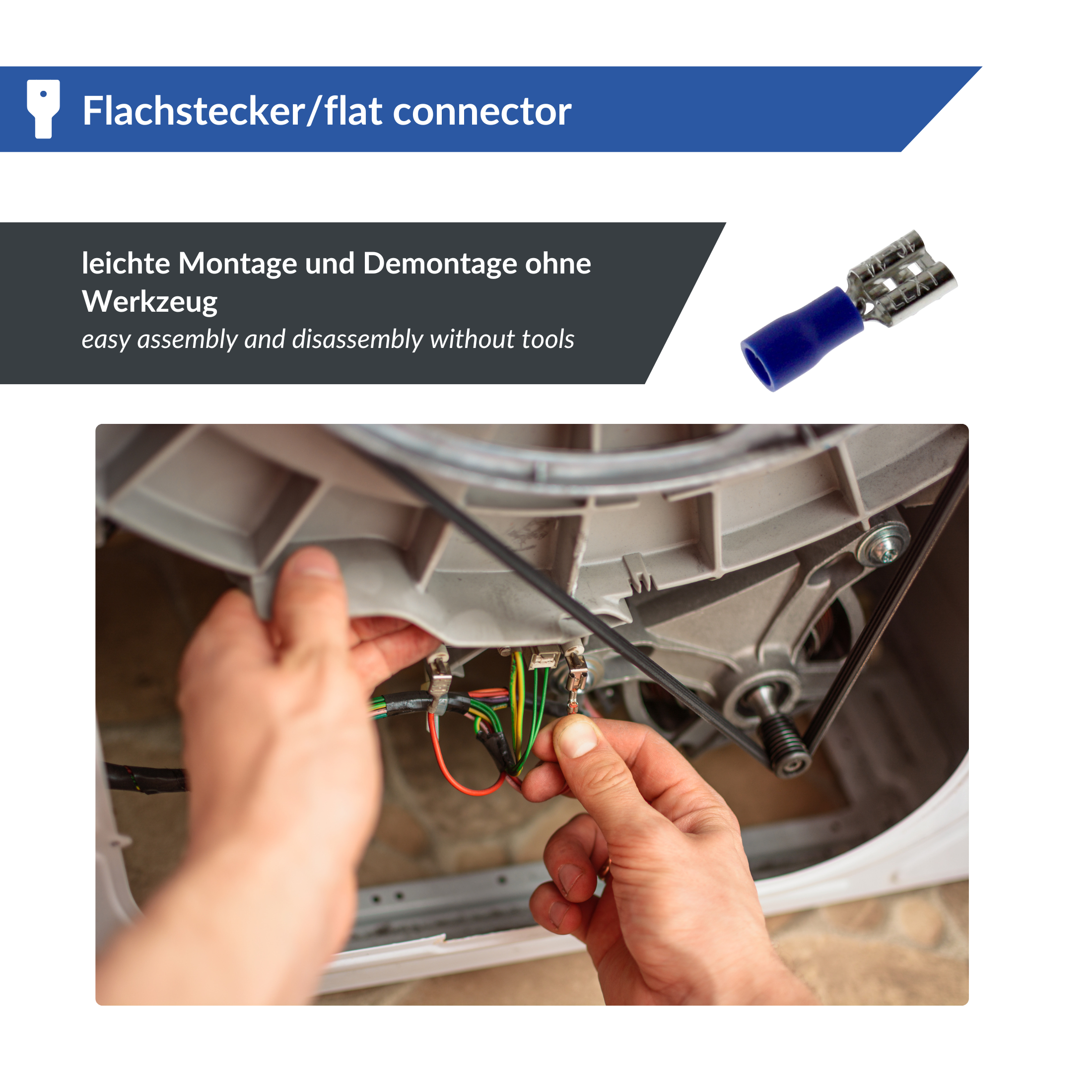 Eine Person verbindet Drähte mit einem Kabelverbinder in einem elektronischen Gerät. Die Bildbeschriftung lautet „Flachstecker/flat connector“ und hebt die einfache Montage und Demontage hervor. In der oberen rechten Ecke ist ein blauer Flachstecker zu se