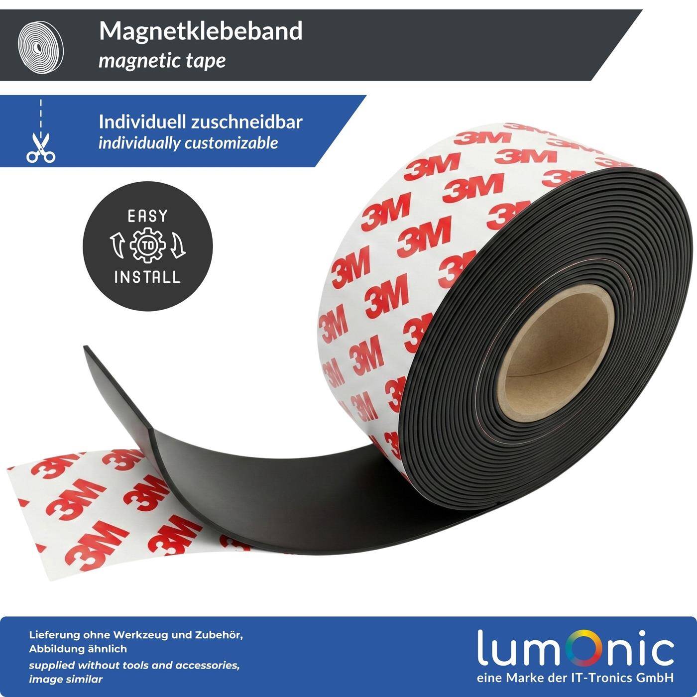 Lumonic 5m Magnetic tape | 40x2mm | Flexible, self-adhesive, can be cut to size, without drilling | Fly screen, school and blackboard