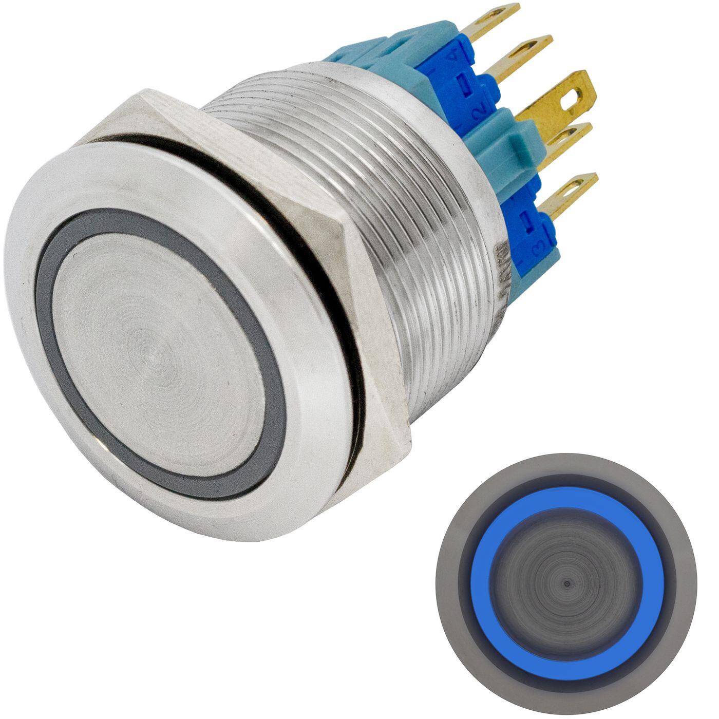Stainless steel Pressure switch Flat Ø22mm Ring LED Blue IP65 2,8x0,5mm Pins 250V 3A Vandal-proof
