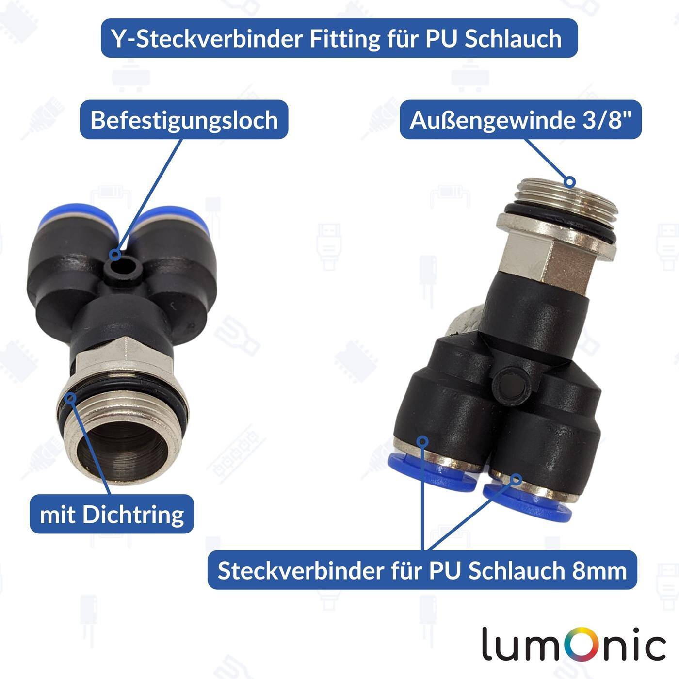 PU Schlauch Y-Steckverbinder Fitting mit Außengewinde 8mm*3/8Zoll Y-Stück Push-in pneumatischer Steckverbinder Y-Verteiler Druckluft & Automatisierung