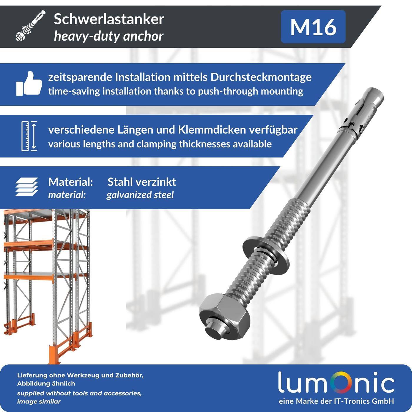 Lumonic Heavy Duty Anchor M16 x 245mm | High-quality galvanized wedge anchors | Push-through mounting, IMMEDIATELY LOADABLE | Concrete anchor, Heavy duty anchor | for canopies, Railing, Shelves, Partition walls