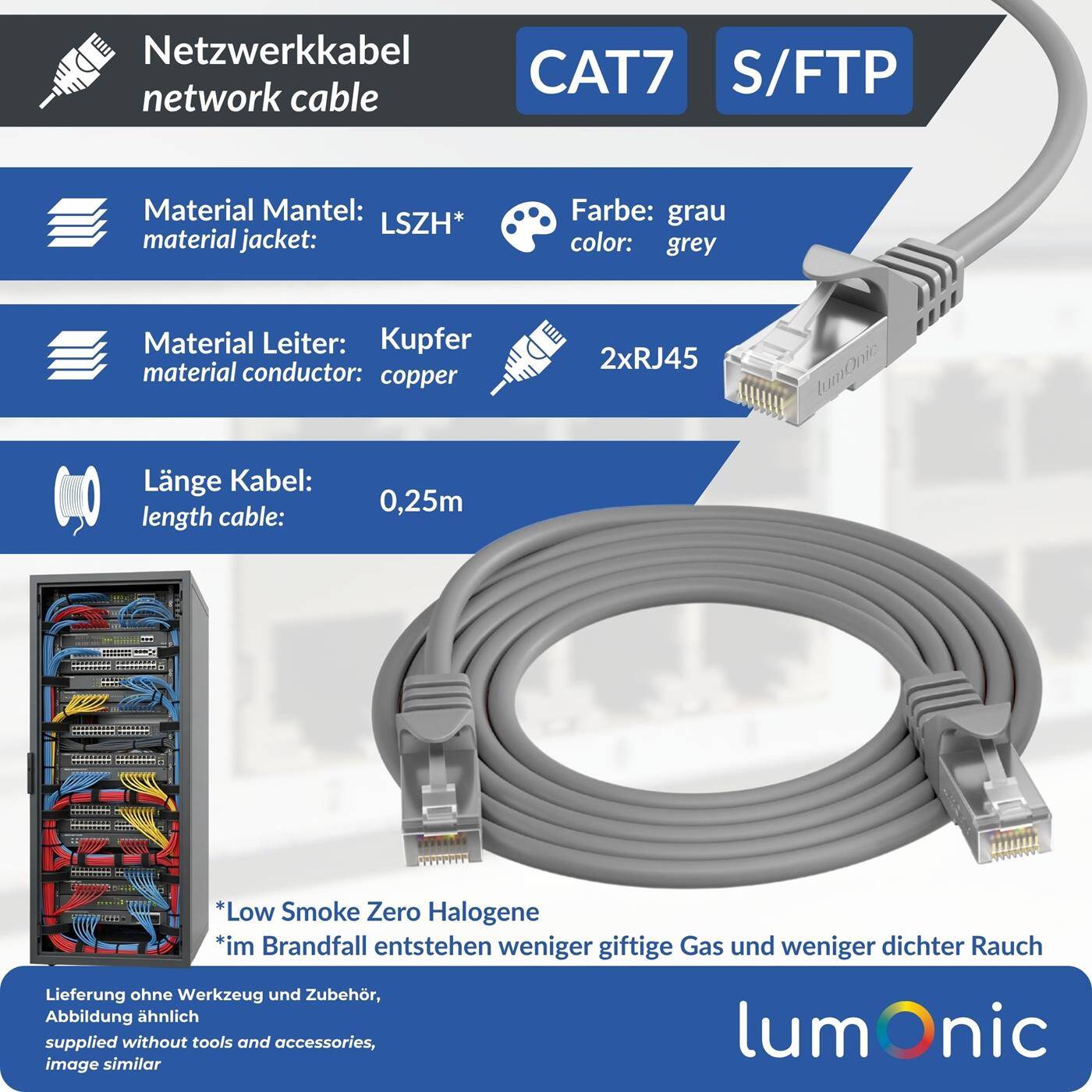 Lumonic CAT7 Patch Cable S/FTP 0,25m | RJ45 | grey | Ethernet LAN | Network cable