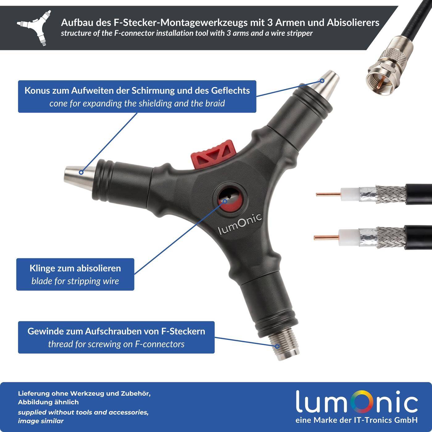 Lumonic F -Stecker-Montagewerkzeug mit 3 Armen und Abisolierer - drei Arme F-Stecker, RG6, RG59, Aufweitkonus, Abisolierwerkzeug, Aufdrehhilfe, für SAT-Technik und Antennenbau