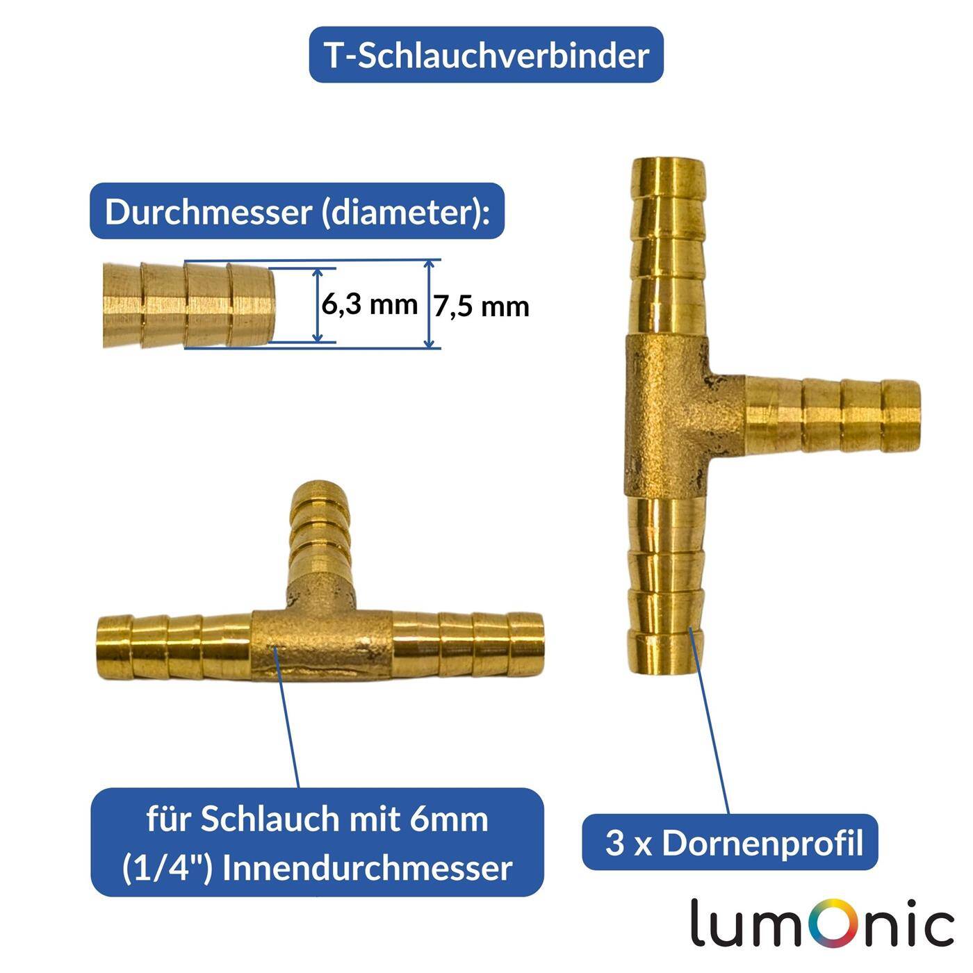 Lumonic I T-hose connector I for 6mm (1/4") hose I made of brass I T-connector I T-piece I with spike profile I Compressed air I for workshops, businesses and DIY enthusiasts