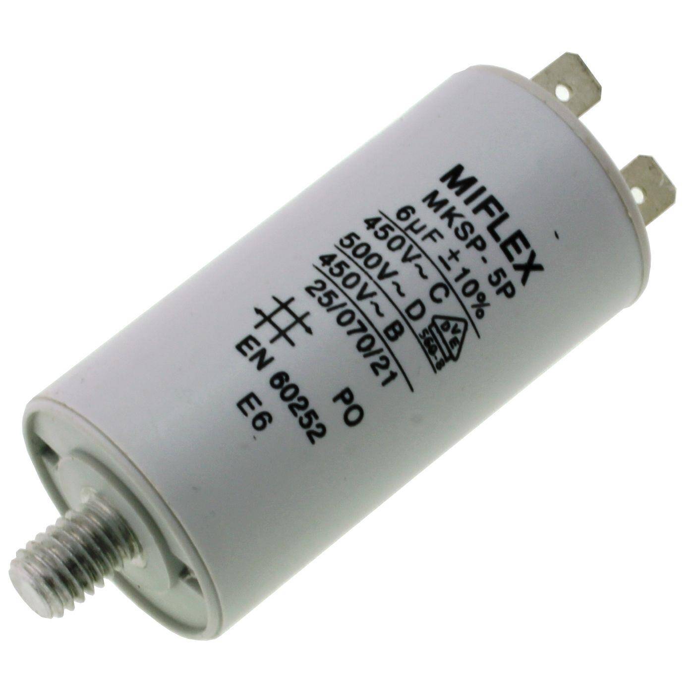 Anlaufkondensator Motorkondensator 6µF 450V 30x58mm Stecker 6,3x0,8mm Miflex 6uF