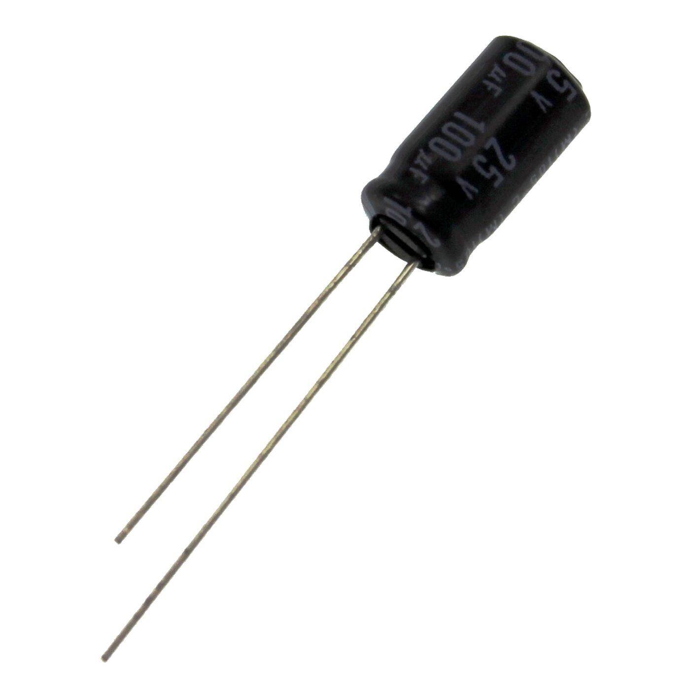 Elko Kondensator Radial 100µF 25V | Elektrolytkondensator bis zu einer Temperatur von 105°C | 6,3x11mm | 100uF EKE00BA310E00F Vishay