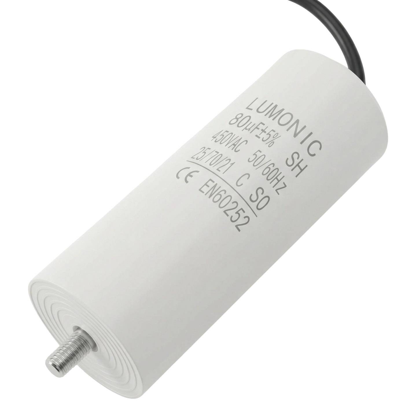 Lumonic Anlaufkondensator 80µF 450V | mit Kabel I 50x120mm I 80uF I Motorkondensator mit Kunststoffgehäuse I Betriebskondensator I für Pumpen, Rasenmäher, Werkzeuge