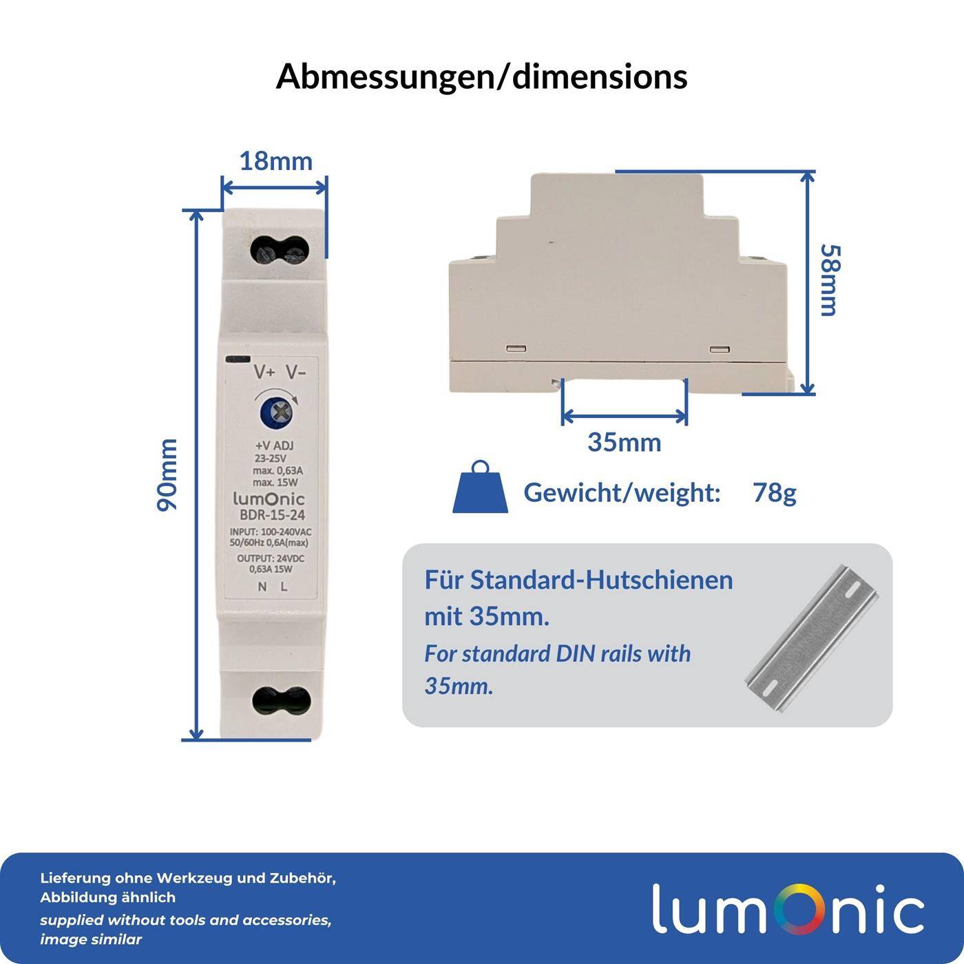 Lumonic I Top-hat rail power supply unit BDR-15-24 I 24V / 15W I Input 100-240VAC I Overload protection I DIN-Rail switching power supply I Switch cabinet