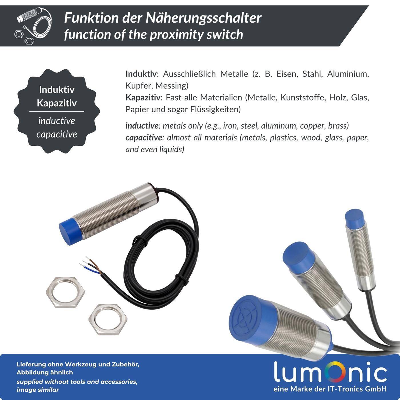 Lumonic Näherungsschalter  | M8 ?8mm | 6…36V DC | Öffner, NPN, IP67 | Erfassungsbereich < 2mm | Näherungssensor aus Messing, vernickelt | Endschalter mit offenem Kabelende
