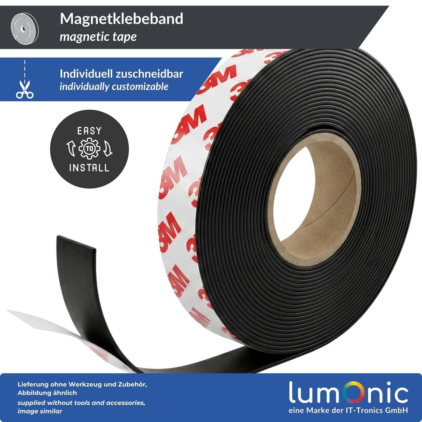 Lumonic 5m Magnetic tape | 15x1mm | Flexible, self-adhesive, can be cut to size, without drilling | Fly screen, school and blackboard
