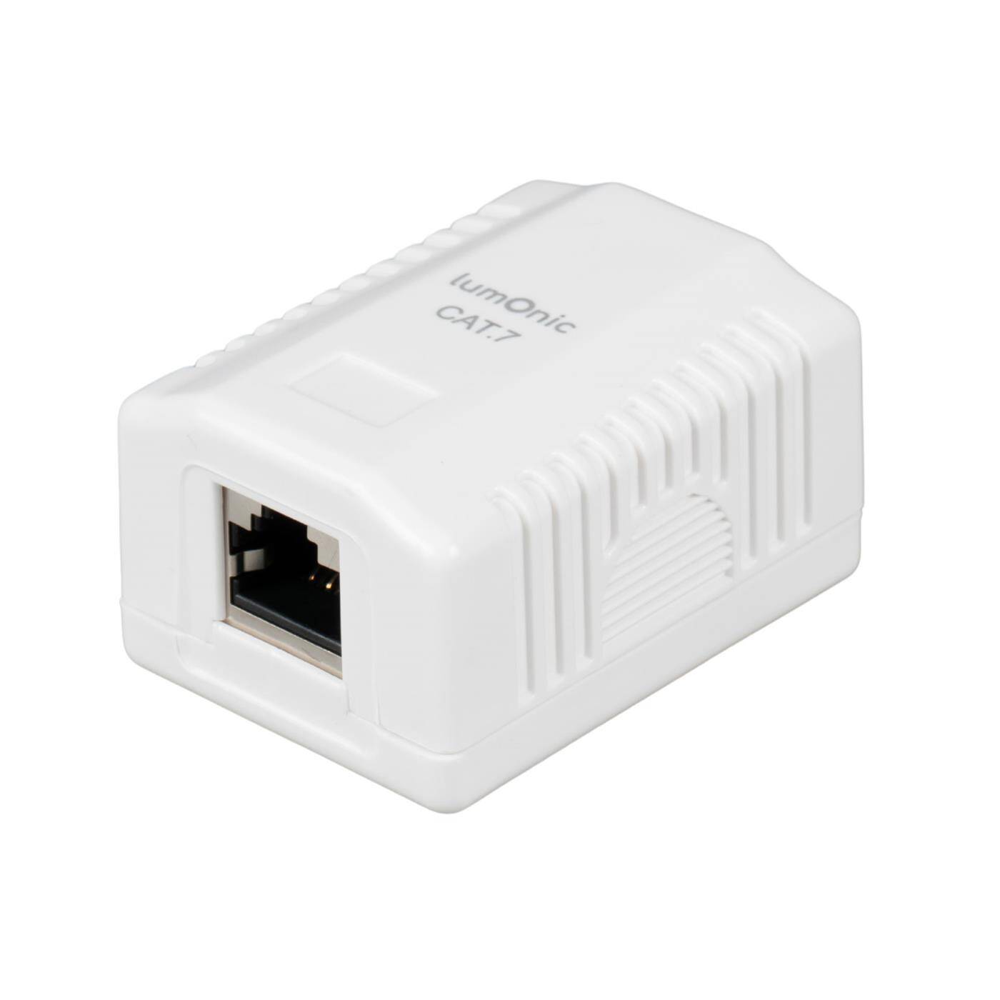 Lumonic Netzwerkdose Aufputz CAT7 | 1-Port RJ45, Anschluss unten | ohne Stemmen nachrüsten | LSA-Montage, T568A/B farbcodiert | ABS Gehäuse, weiß | Ethernet-Dose bis zu 10 Gbit/s