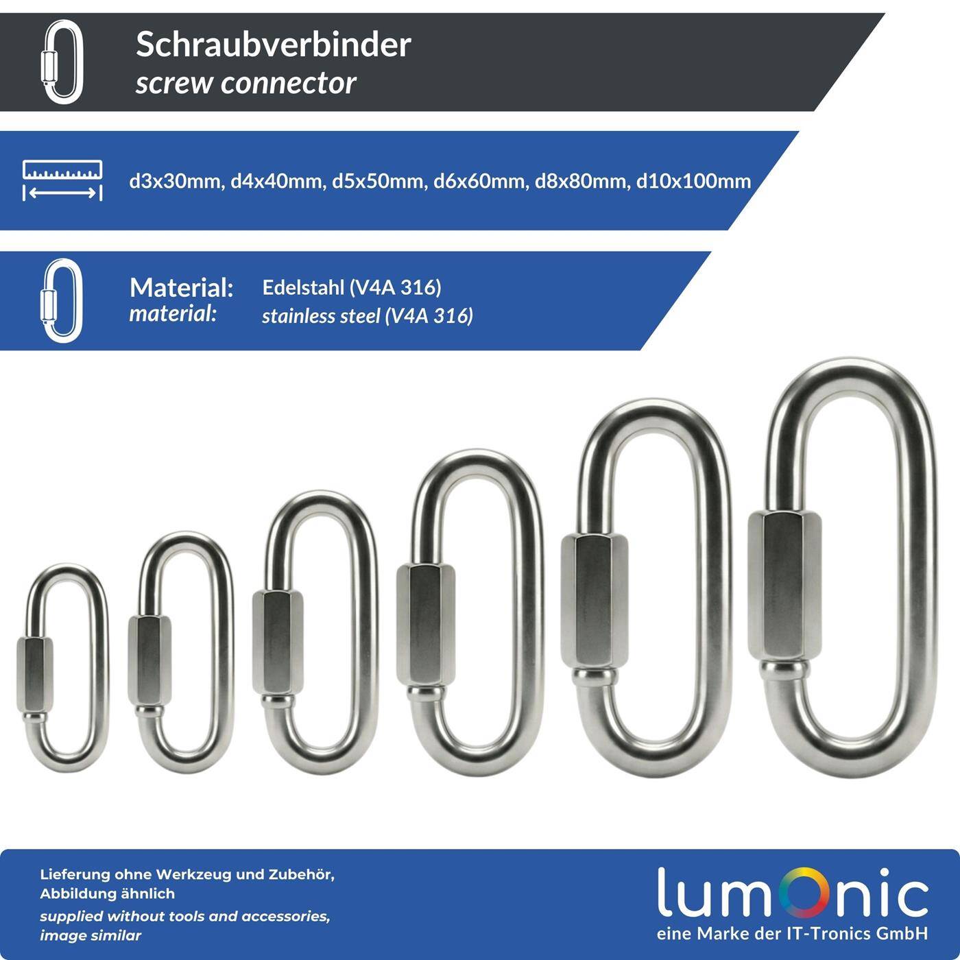 Lumonic Screw connector V4A stainless steel 6mm | d6x60mm | Stainless + seawater resistant | Hexagonal lock | Chain emergency link | Awning, garden