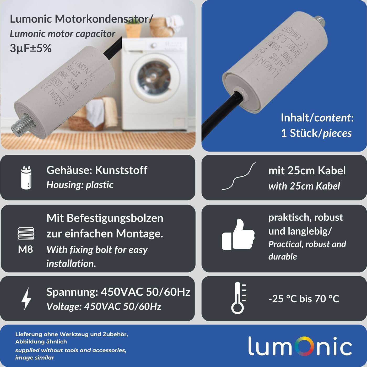 Lumonic Anlaufkondensator 3µF 450V | mit Kabel I 26x55mm I 3uF I Motorkondensator mit Kunststoffgehäuse I Betriebskondensator I für Pumpen, Rasenmäher, Werkzeuge