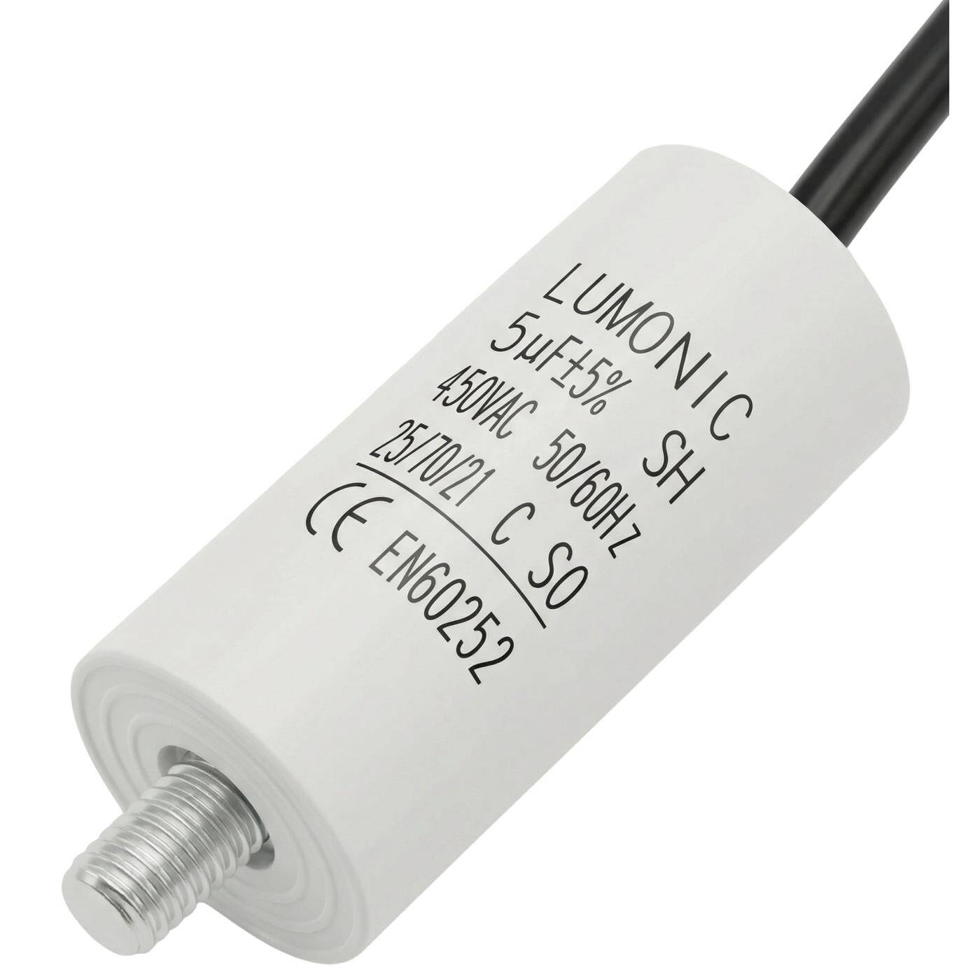 Lumonic Anlaufkondensator 5µF 450V | mit Kabel I 26x55mm I 5uF I Motorkondensator mit Kunststoffgehäuse I Betriebskondensator I für Pumpen, Rasenmäher, Werkzeuge