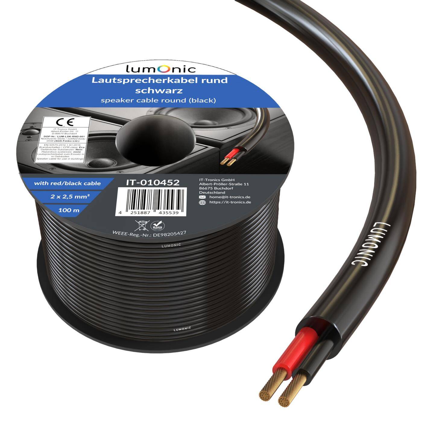 Lumonic Lautsprecherkabel 100m Schwarz  | 2x 2,5mm² CCA | HiFi Boxenkabel | Audio Rundkabel | Profi PA Installations- Audio- Rundkabel