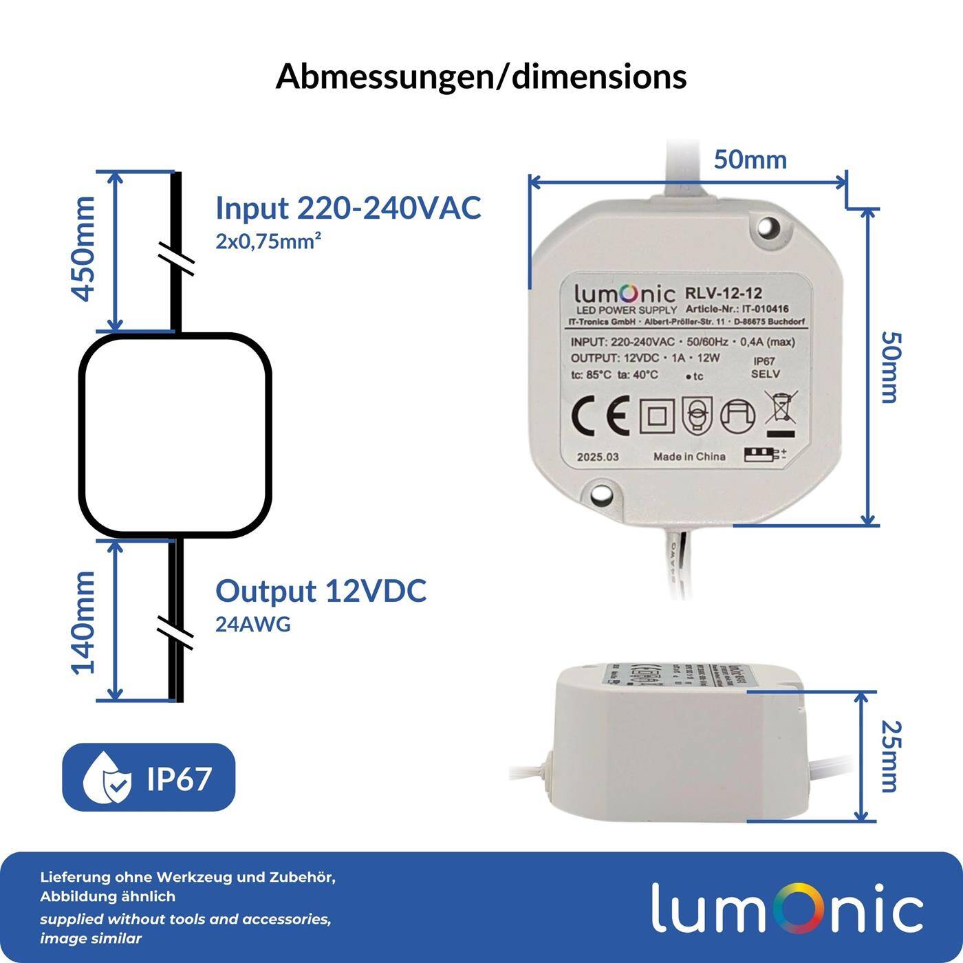 Lumonic I LED flush-mounted power supply unit RLV-12-12 I 12V 12W I Input 220-230VAC I flicker-free I Overload protection I Compact LED power supply unit I for LED lighting | Doorbell