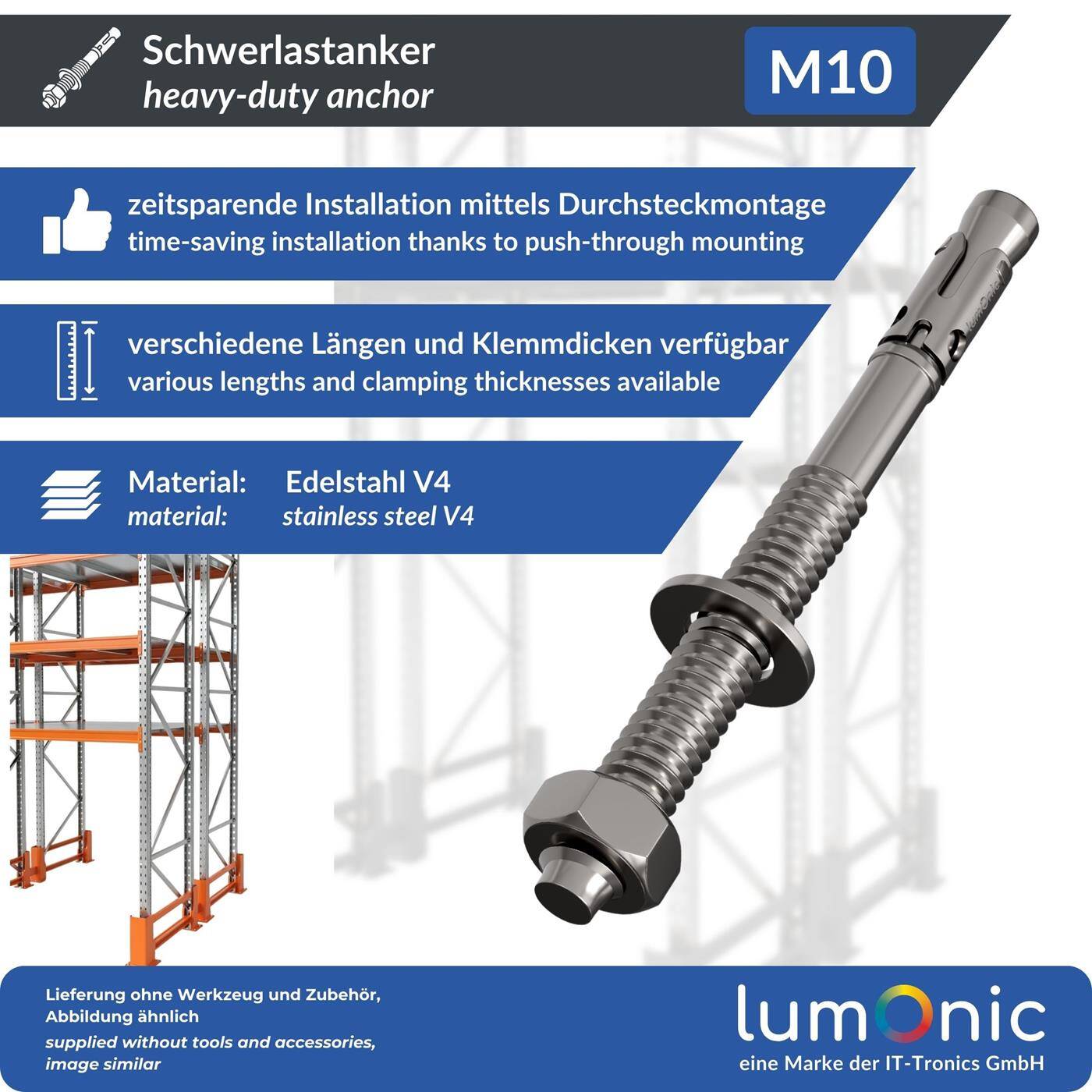 Lumonic Schwerlastdübel M10 x 140mm | hochwertige Edelstahl V2A Keilanker | Durchsteckmontage,  | Betonanker, Schwerlastanker | für Überdachungen, Geländer, Regale, Trennwände