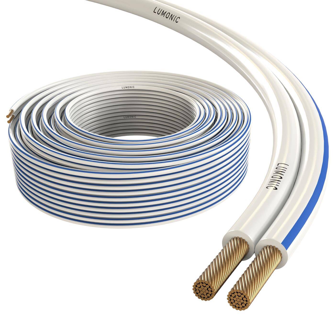 Lumonic Lautsprecherkabel | 50m Weiß | 2x 1,5mm² CCA | blaue Markierung HiFi Boxenkabel | Audio Zwillingsleitung