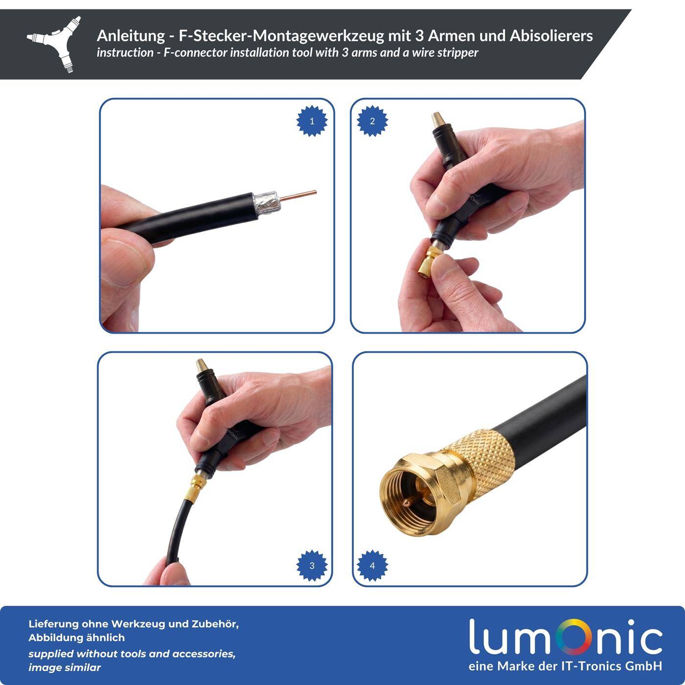 Lumonic F -Stecker-Montagewerkzeug mit 3 Armen und Abisolierer - drei Arme F-Stecker, RG6, RG59, Aufweitkonus, Abisolierwerkzeug, Aufdrehhilfe, für SAT-Technik und Antennenbau