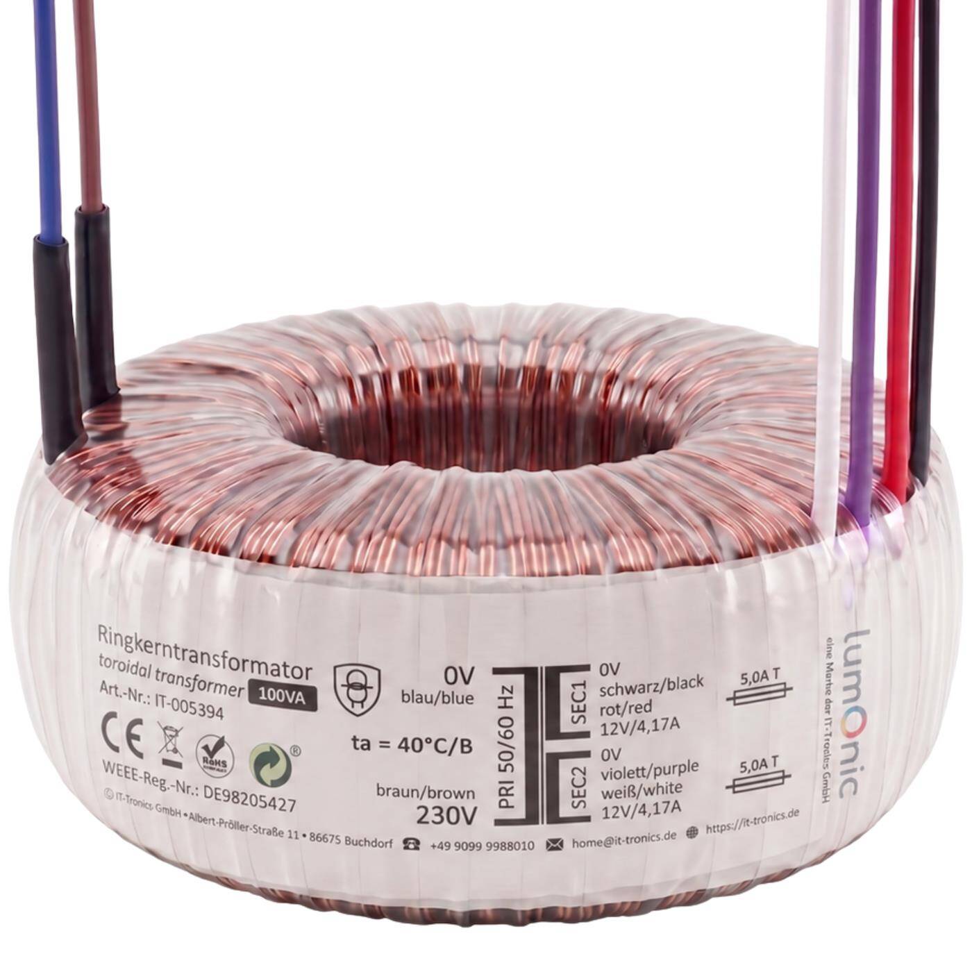 Lumonic Ringkerntrafo Transformator 100VA | Primär 230V AC | Sekundär 2x 12V AC oder 1x 24V AC | Brummarm | Transformator für HiFi Audio Verstärker