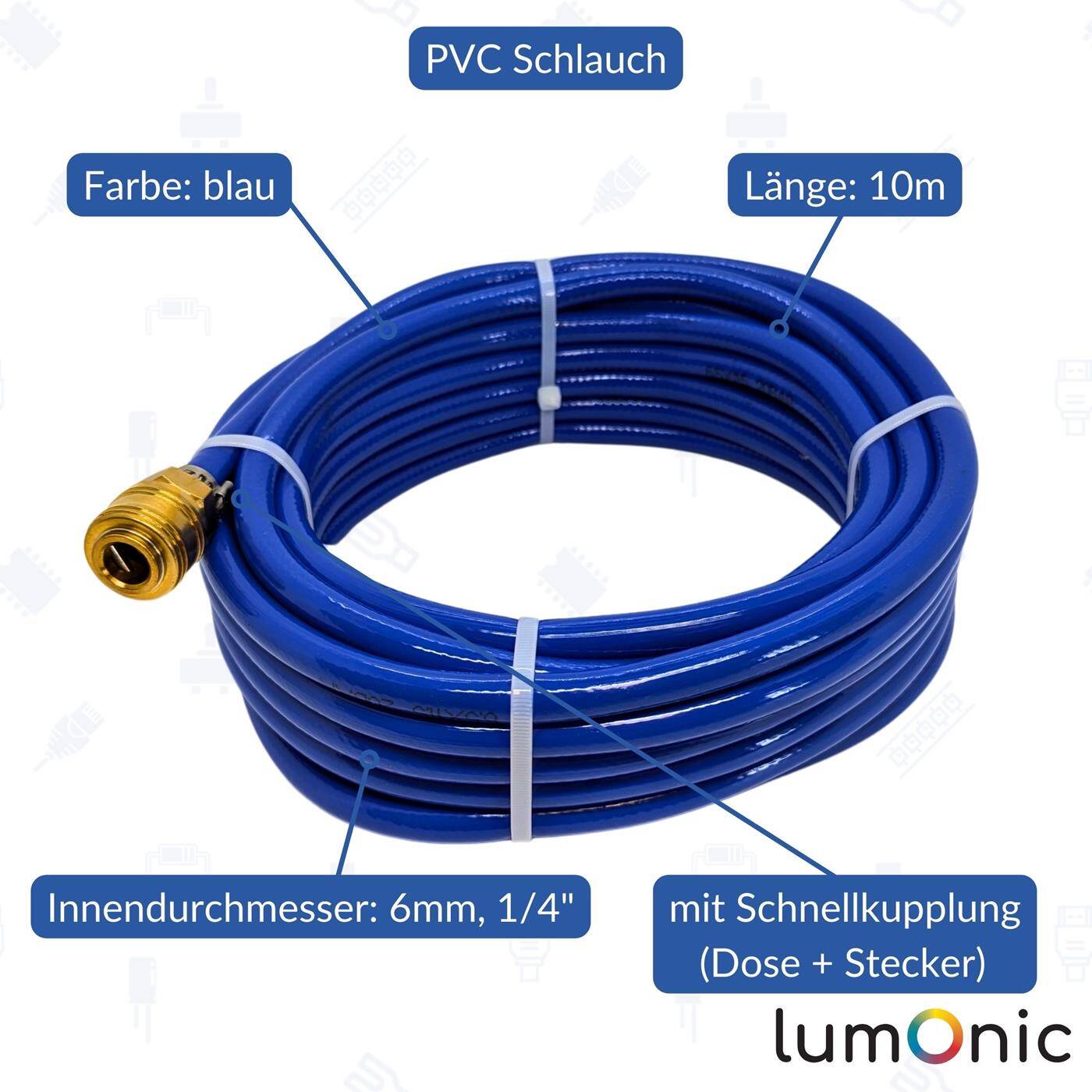 10m Druckluftschlauch mit Schnellkupplung 6mm PVC Druckluftverlängerung Dose & Stecker fertig konfektioniert flexibel, abriebfest und gewebeverstärkt 10m Druckluftschlauch mit Schnellkupplung 6mm PVC Druckluftverlängerung Dose & Stecker fertig konfektioniert flexibel, abriebfest und gewebeverstärkt