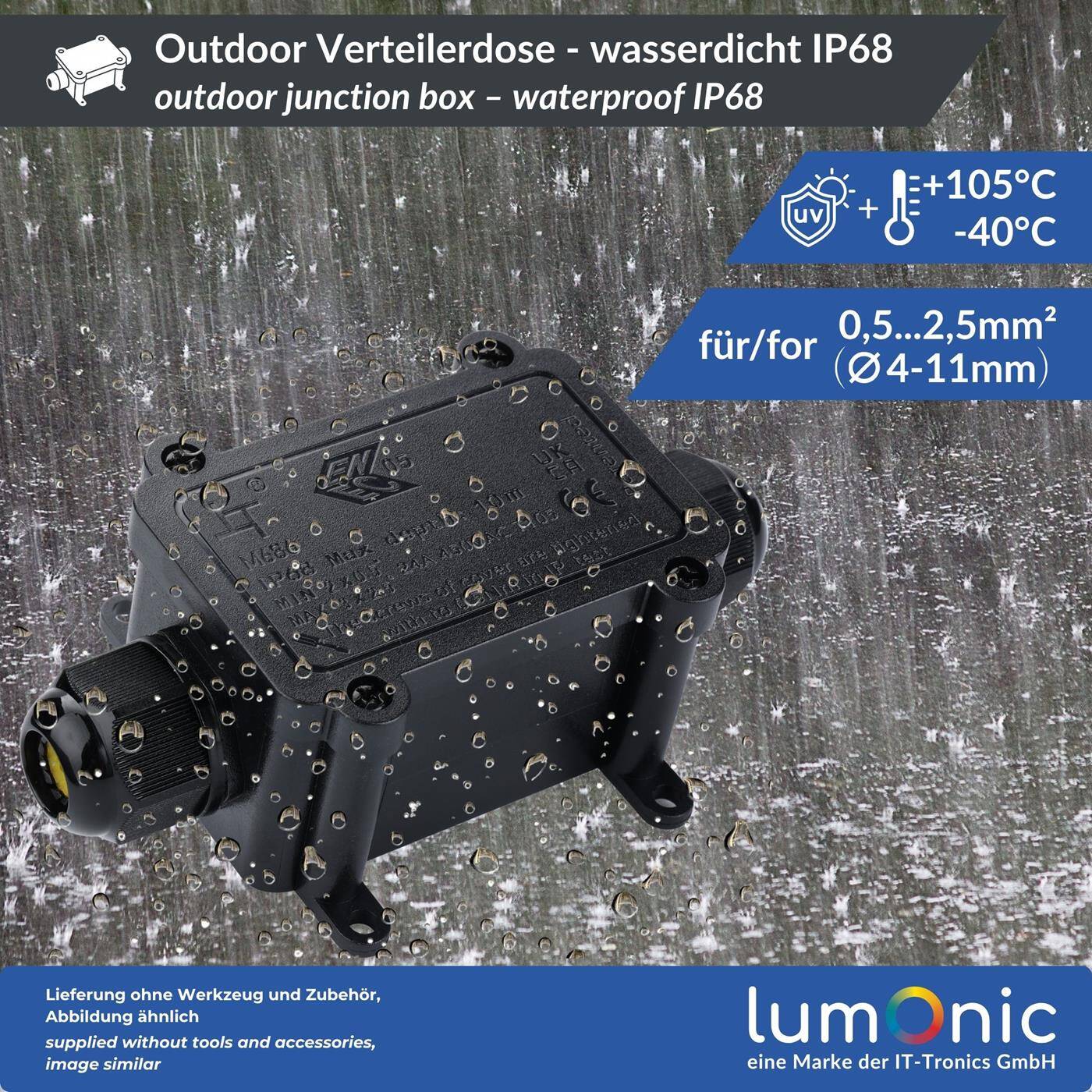 Lumonic 2-Wege Abzweigdose wasserdicht IP68 | schnelle, sichere Kabelverteilung | für Kabel 0,5-2,5mm² | UV-Beständig, -40°C bis+ 105°C | Verteilerdose für Outdoor, Garten, Erdkabel