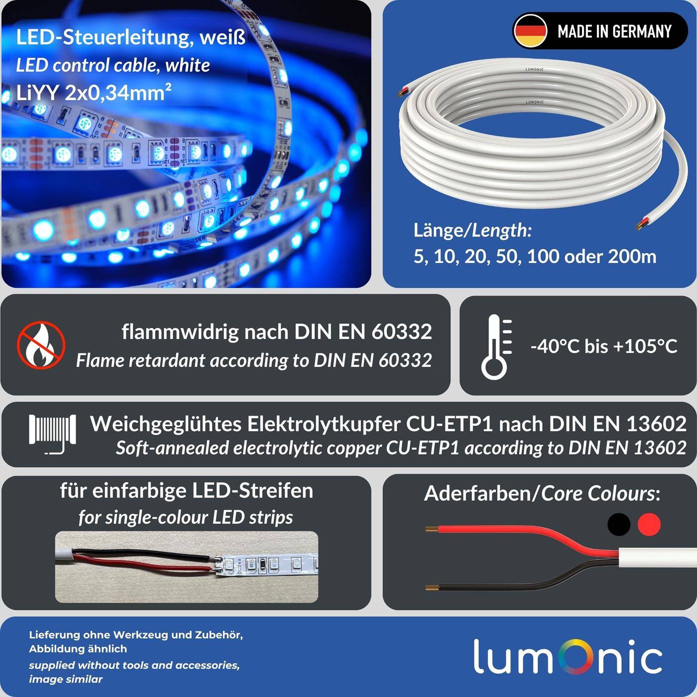 1m LED Steuerleitung 2x 0,34mm² LiYY Verlängerung 2 adrig Stromkabel Weiß
